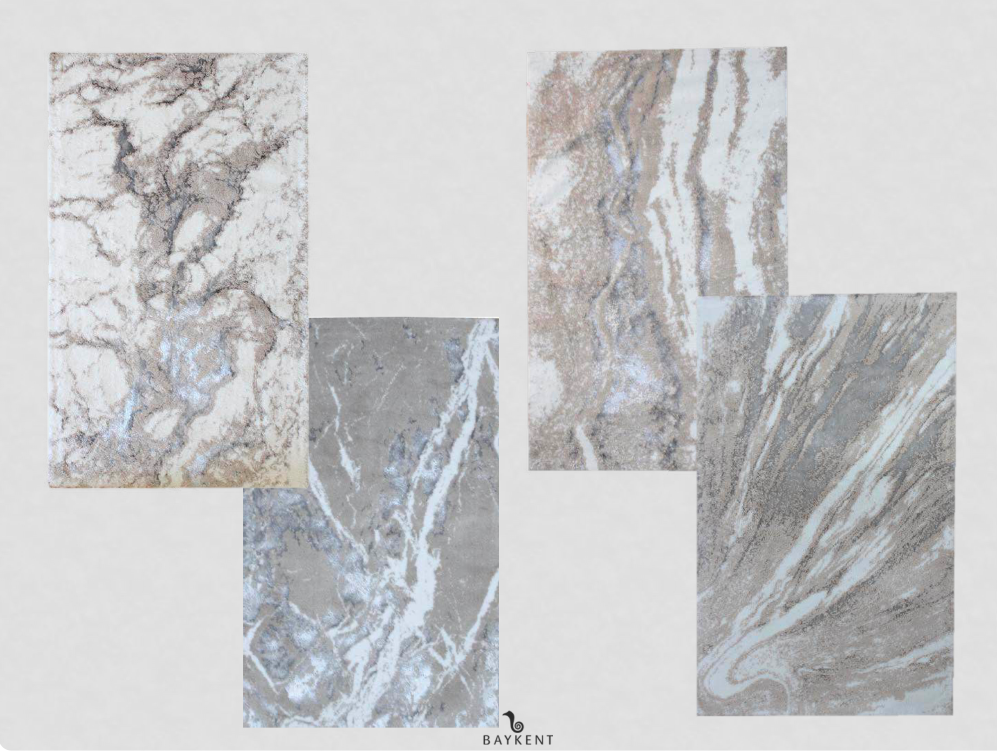 Four different patterns of White/Light Grey/Silver Bath Rugs, each showcasing a  combination of white, light grey, and silver for a modern and stylish bathroom decor