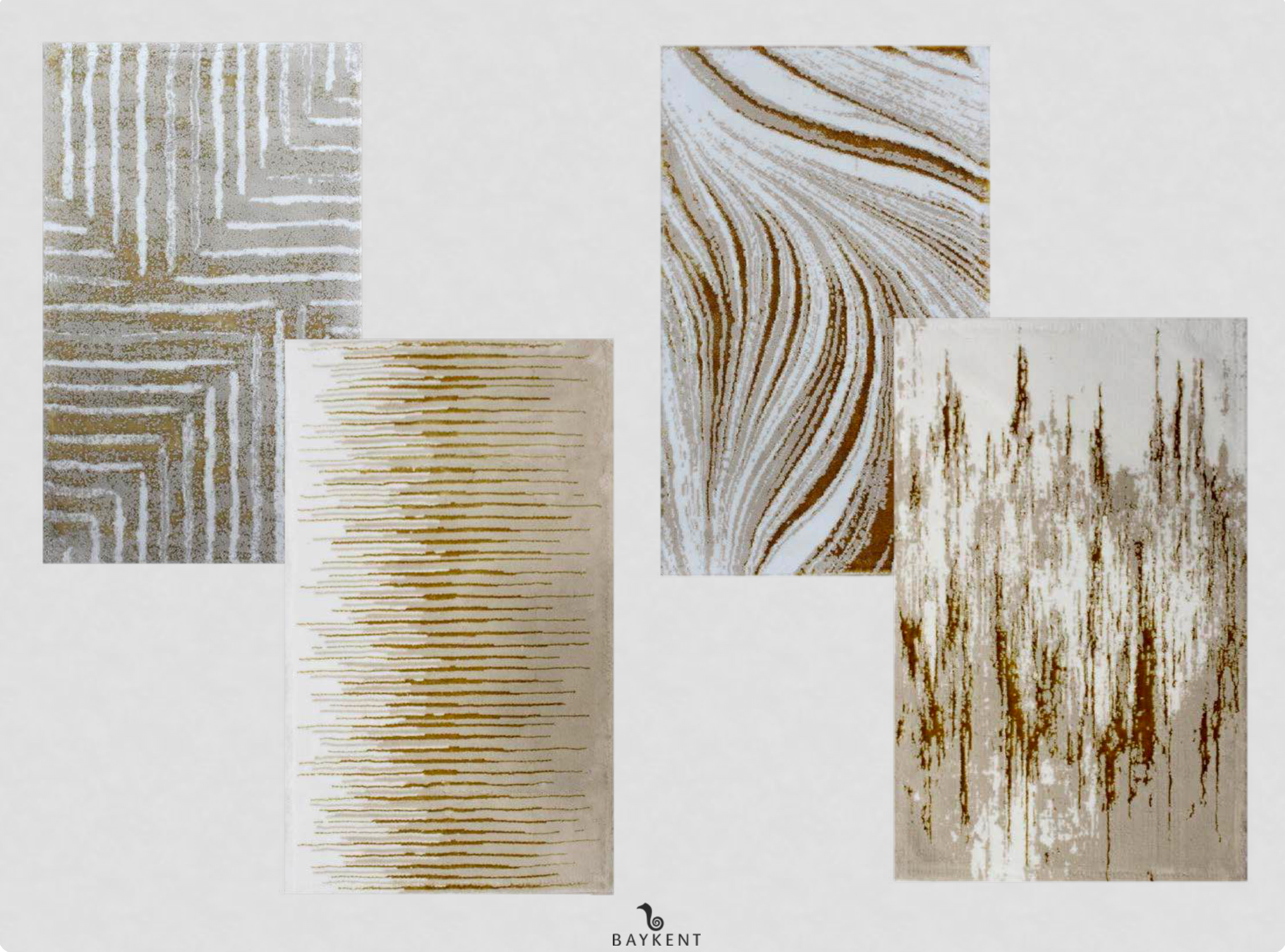 Four different patterns of Ecru/Beige/Gold Bath Rugs, each featuring luxurious gold accents and soft beige tones, showcasing a variety of elegant designs