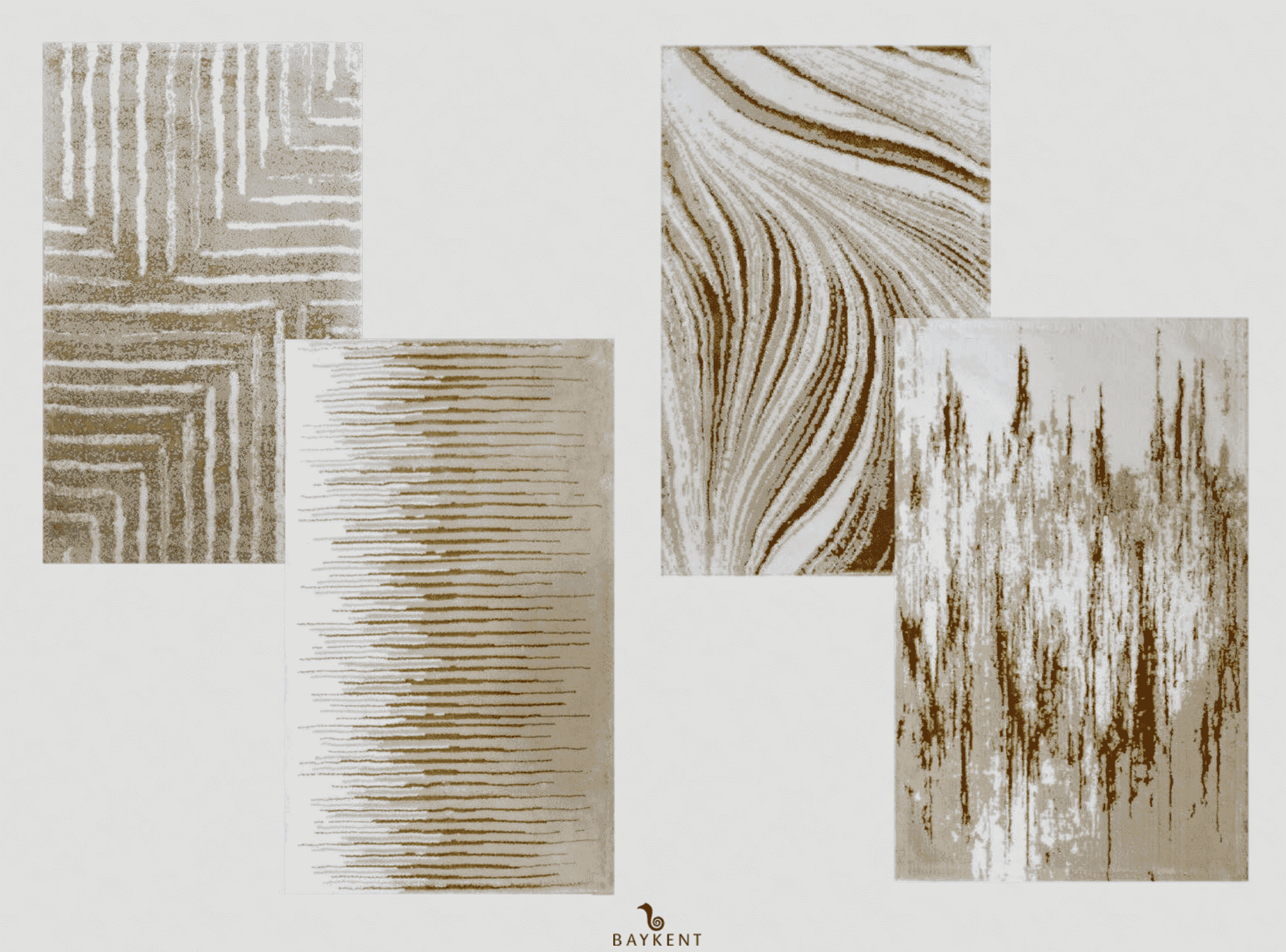 Four different patterns of Ecru/Beige/Gold Bath Rugs, each featuring luxurious gold accents and soft beige tones, showcasing a variety of elegant designs