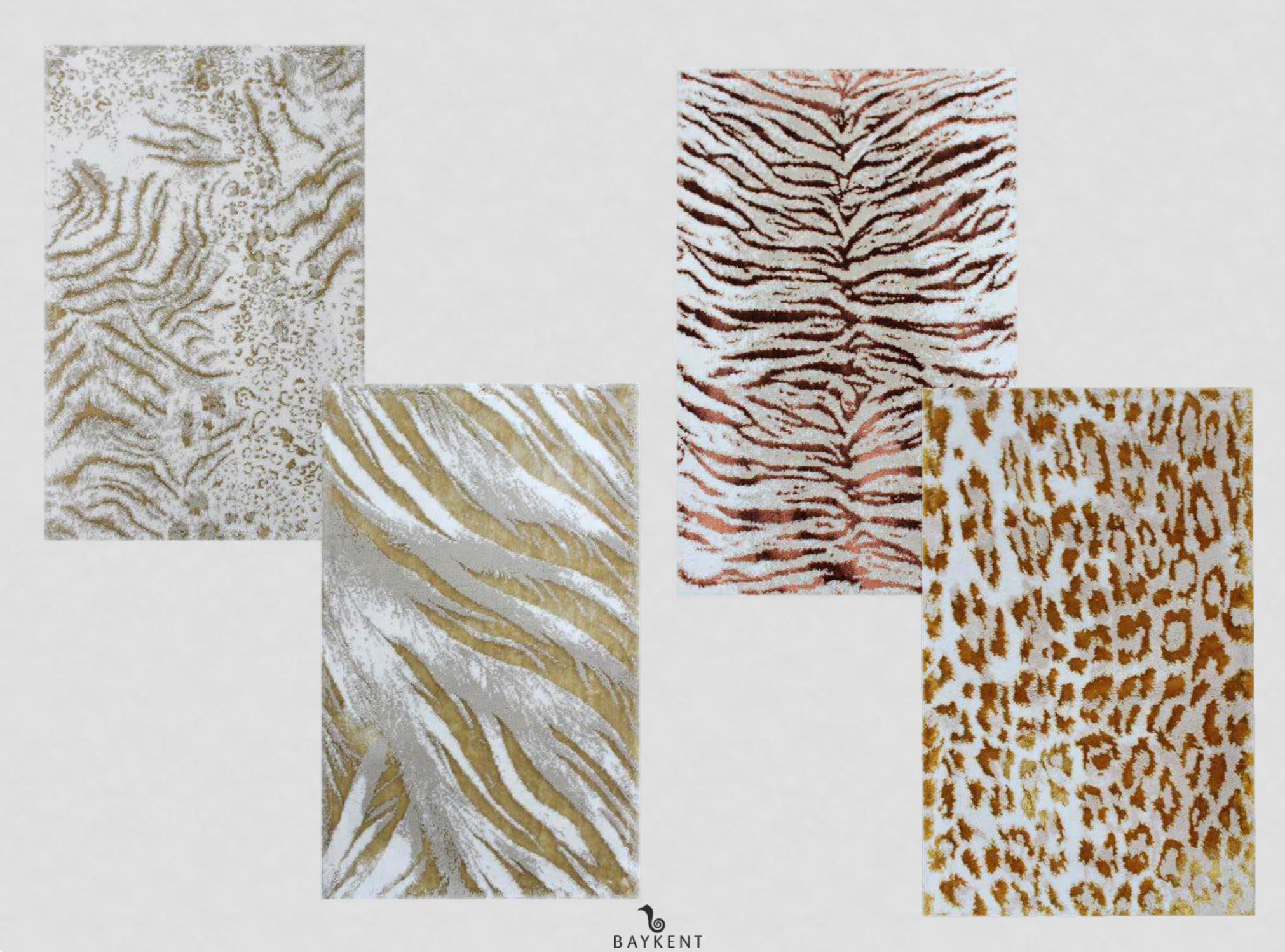 Four different Ecru/Beige/Gold Bath Rugs with animal patterns, each featuring luxurious gold accents and soft beige tones for a unique and stylish bathroom look