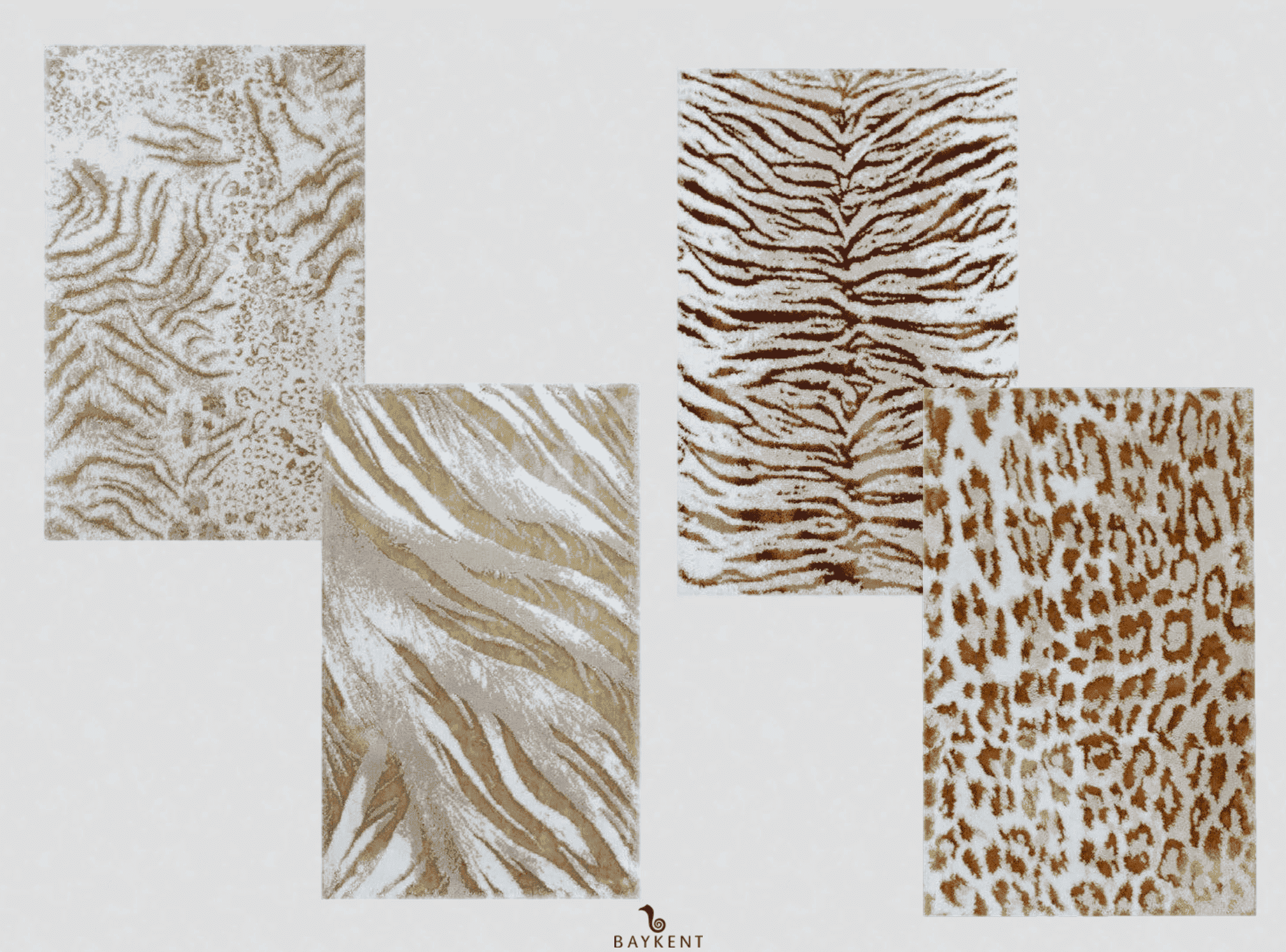 Four different Ecru/Beige/Gold Bath Rugs with animal patterns, each featuring luxurious gold accents and soft beige tones for a unique and stylish bathroom look