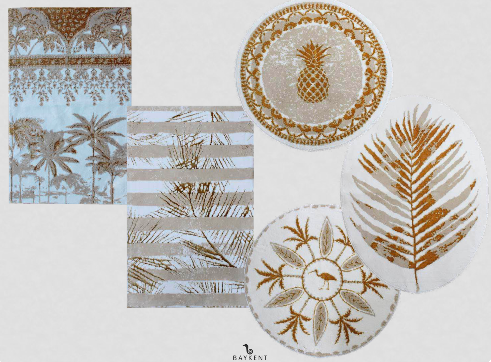 Five different Ecru/Beige/Gold Bath Rugs with leaf patterns, each showcasing elegant gold detailing and soft beige tones for a natural, sophisticated bathroom style