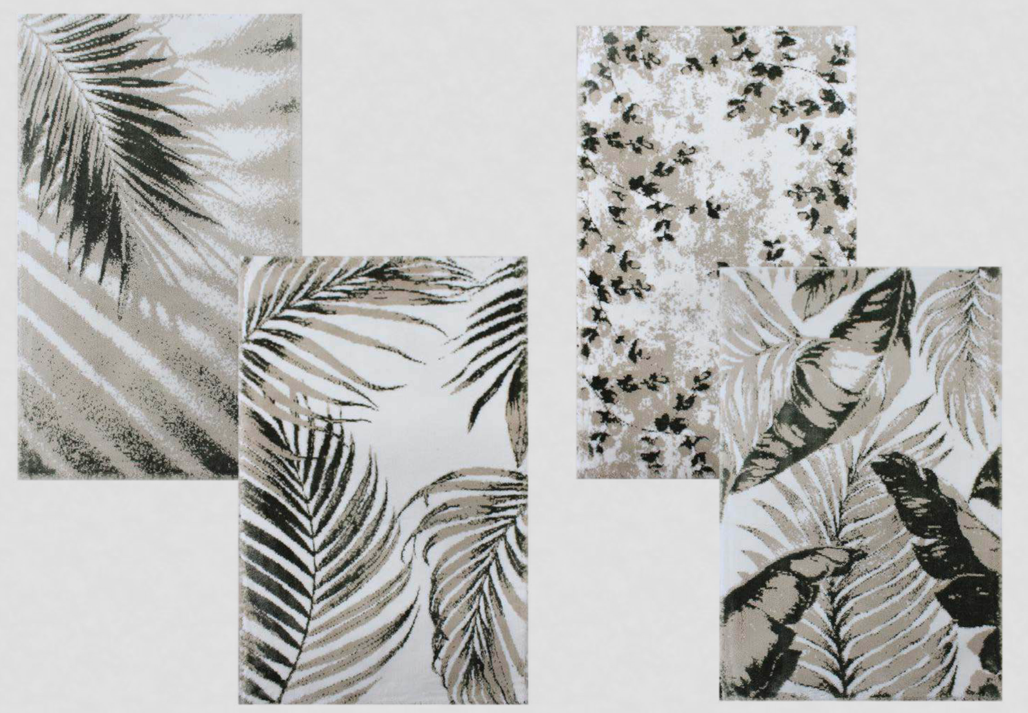 White/Dark Grey/Silver Bath Rug with four different leaf patterns, combining crisp white, deep grey, and silver accents for a modern, nature-inspired bathroom design