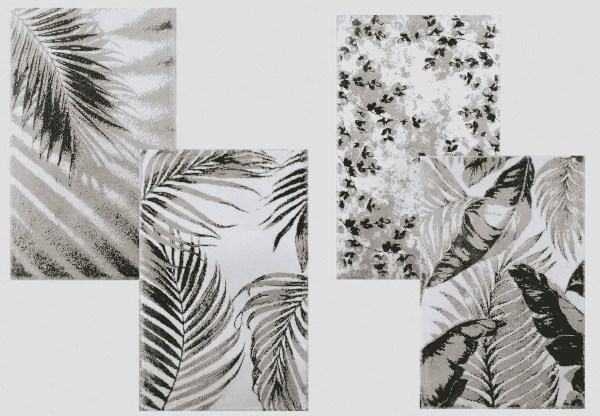 White/Dark Grey/Silver Bath Rug with four different leaf patterns, combining crisp white, deep grey, and silver accents for a modern, nature-inspired bathroom design