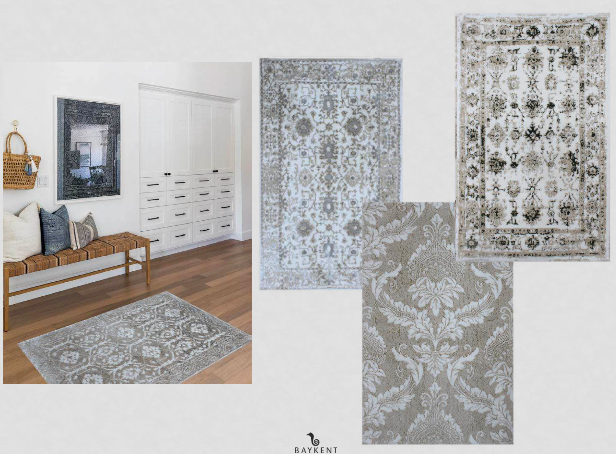 Three different White/Light Grey/Silver Bath Rugs, with one placed on the floor, each featuring soft tones and subtle silver accents for a clean, contemporary bathroom look