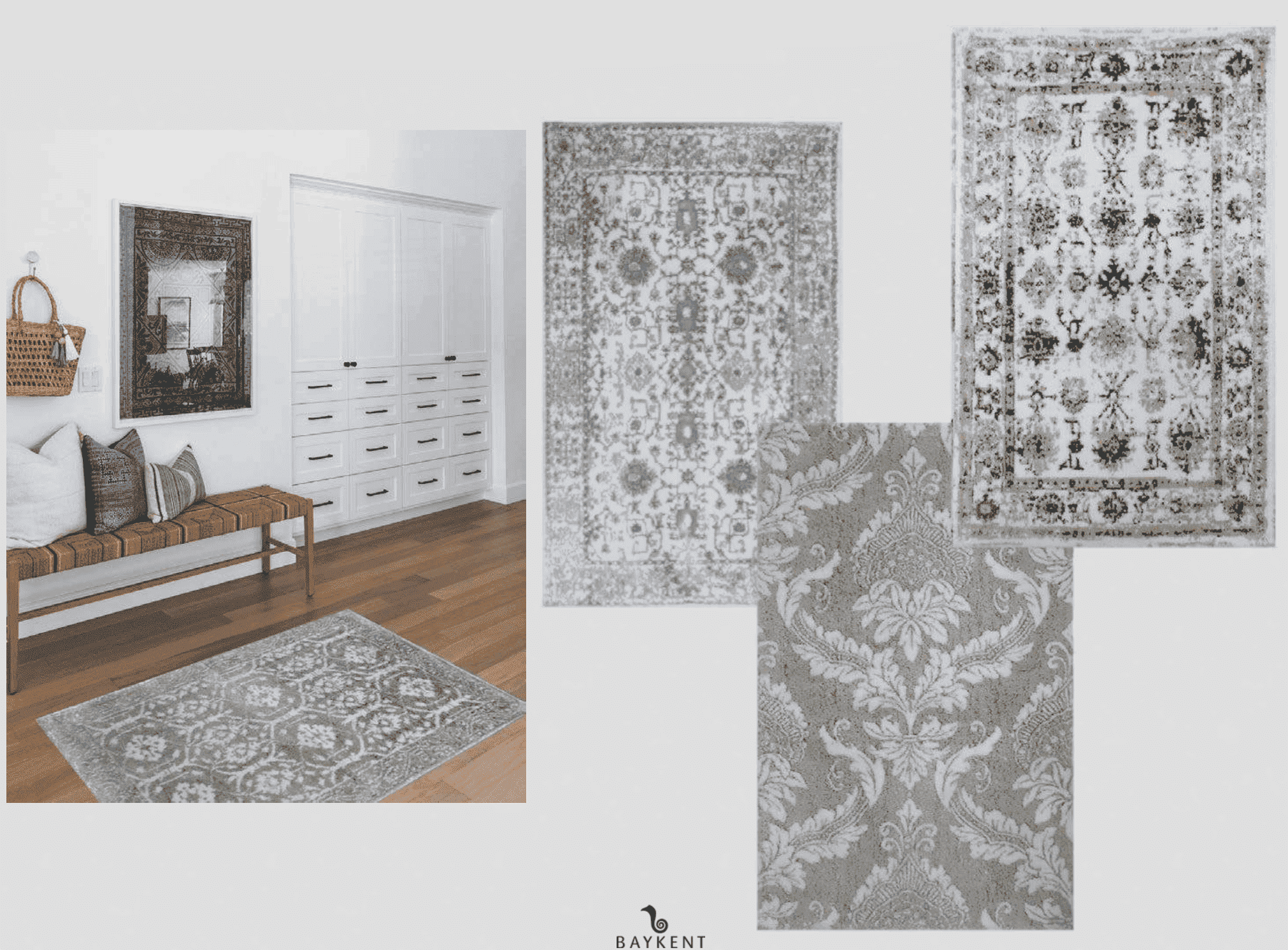 Three different White/Light Grey/Silver Bath Rugs, with one placed on the floor, each featuring soft tones and subtle silver accents for a clean, contemporary bathroom look