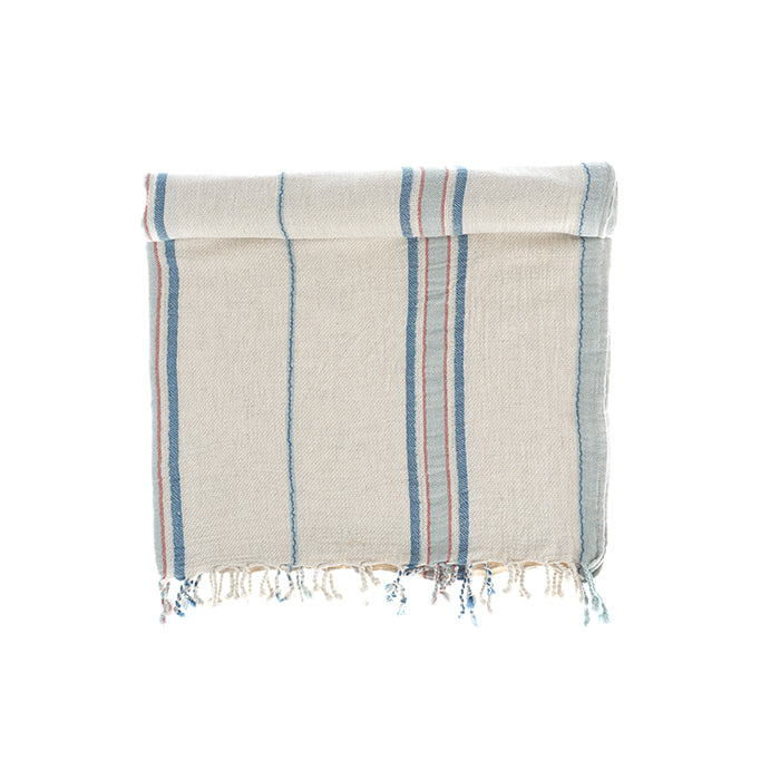 Coral and Blue Elba Turkish Towel crafted from Aegean cotton and linen highlighting its eco-friendly and lightweight feel of organic and luxury bath towels