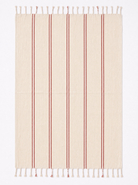 A cream-colored woven towel featuring vertical rust-red stripes and fringed tassels on the top and bottom edges, shown flat against a white background.