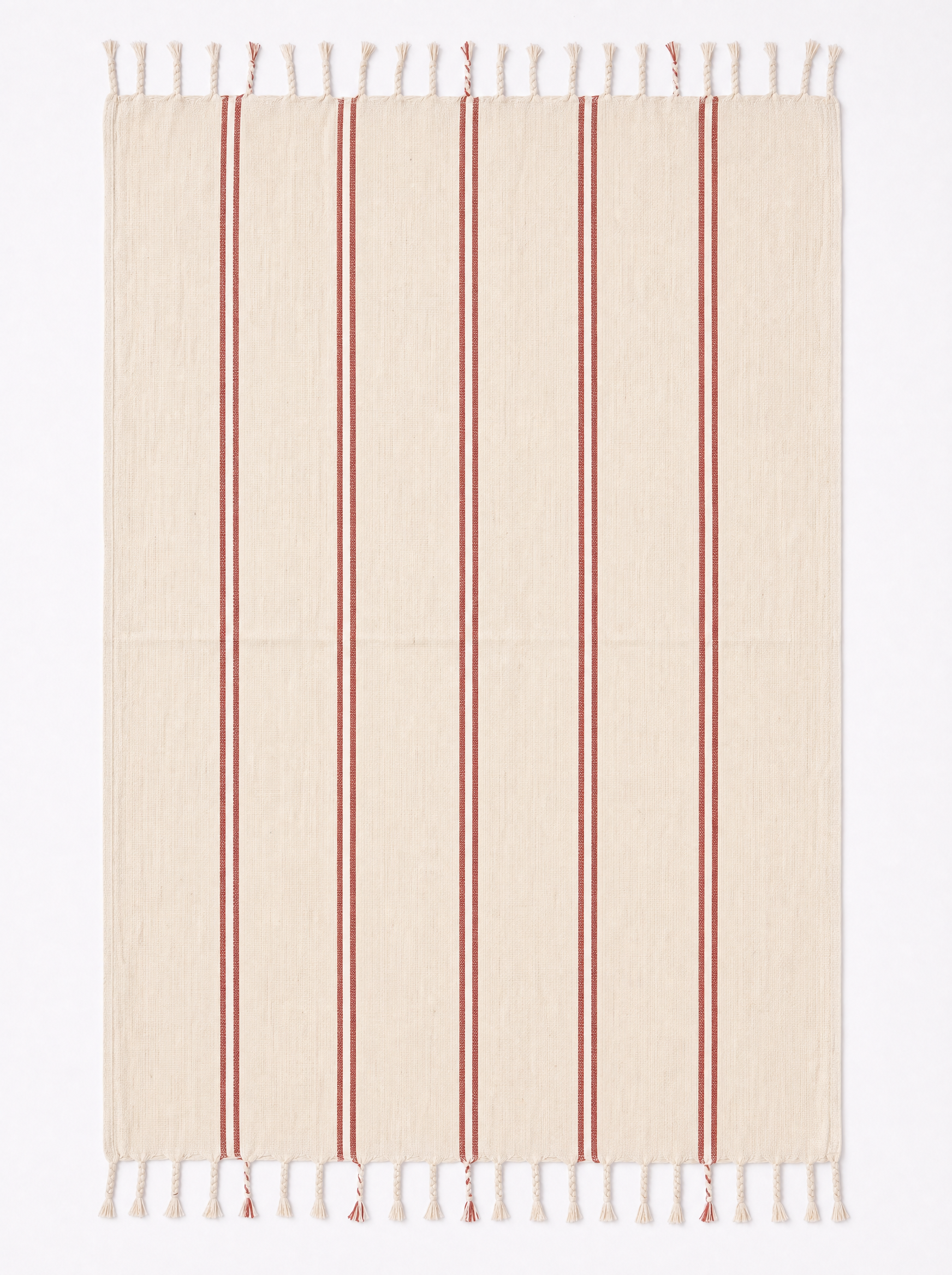 A cream-colored woven towel featuring vertical rust-red stripes and fringed tassels on the top and bottom edges, shown flat against a white background.