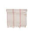 Textured towel with red stripes and frayed edges on a white background
