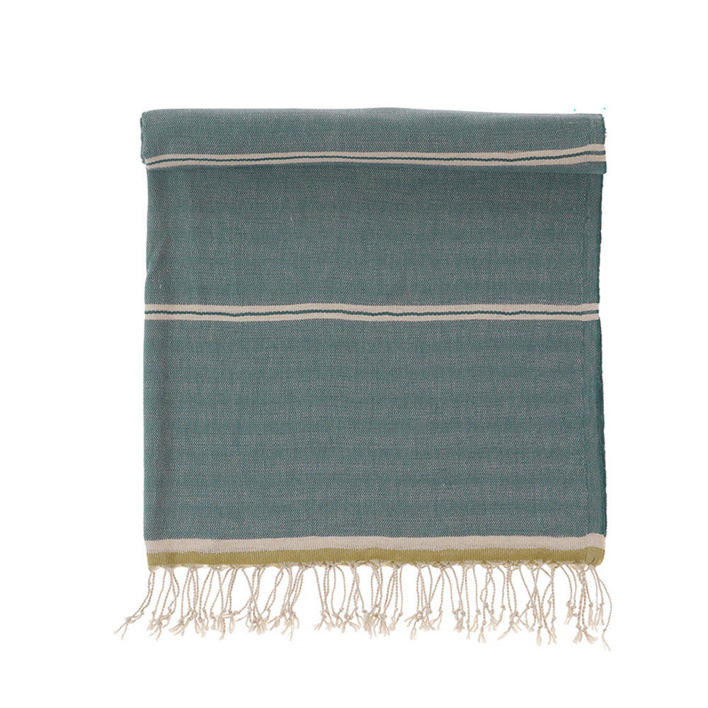 Towel with white stripes and fringes on a white background