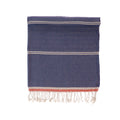Blue towel with white and red stripes on a white background