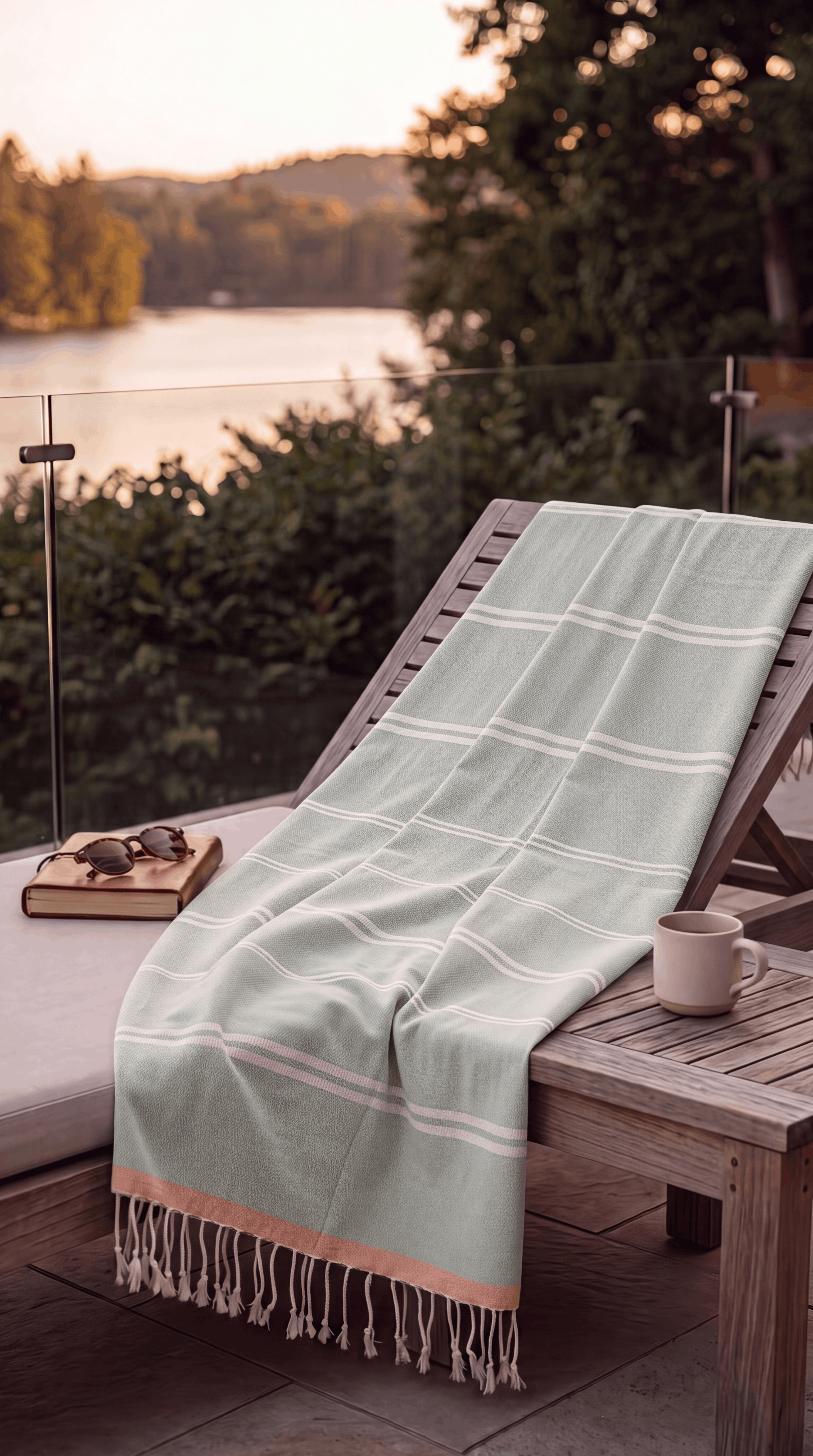 A pale mint green beach towel with white windowpane plaid lines and cream fringe, draped over a wooden lounge chair on a patio overlooking a lake at sunset.