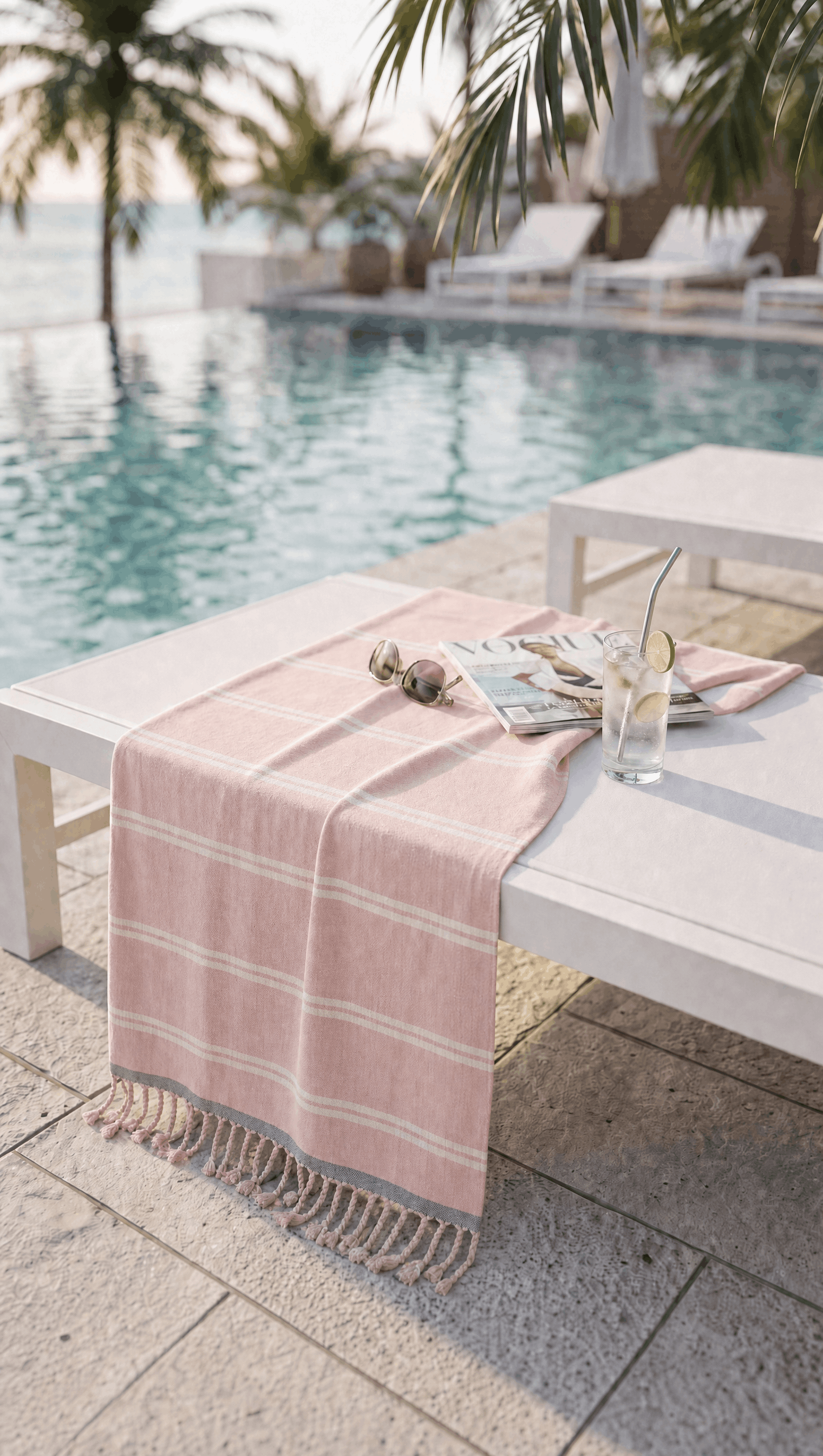 A pink and white striped cotton beach towel with fringed edges draped over a white outdoor lounge chair next to a swimming pool with palm trees in the background.
