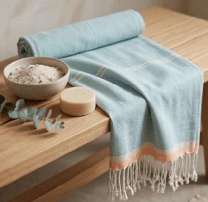 Light blue towel with fringe on a wooden surface with a bowl and soap.