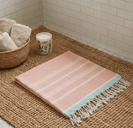 Pink towel with white stripes and fringes on a woven mat in a bathroom setting.
