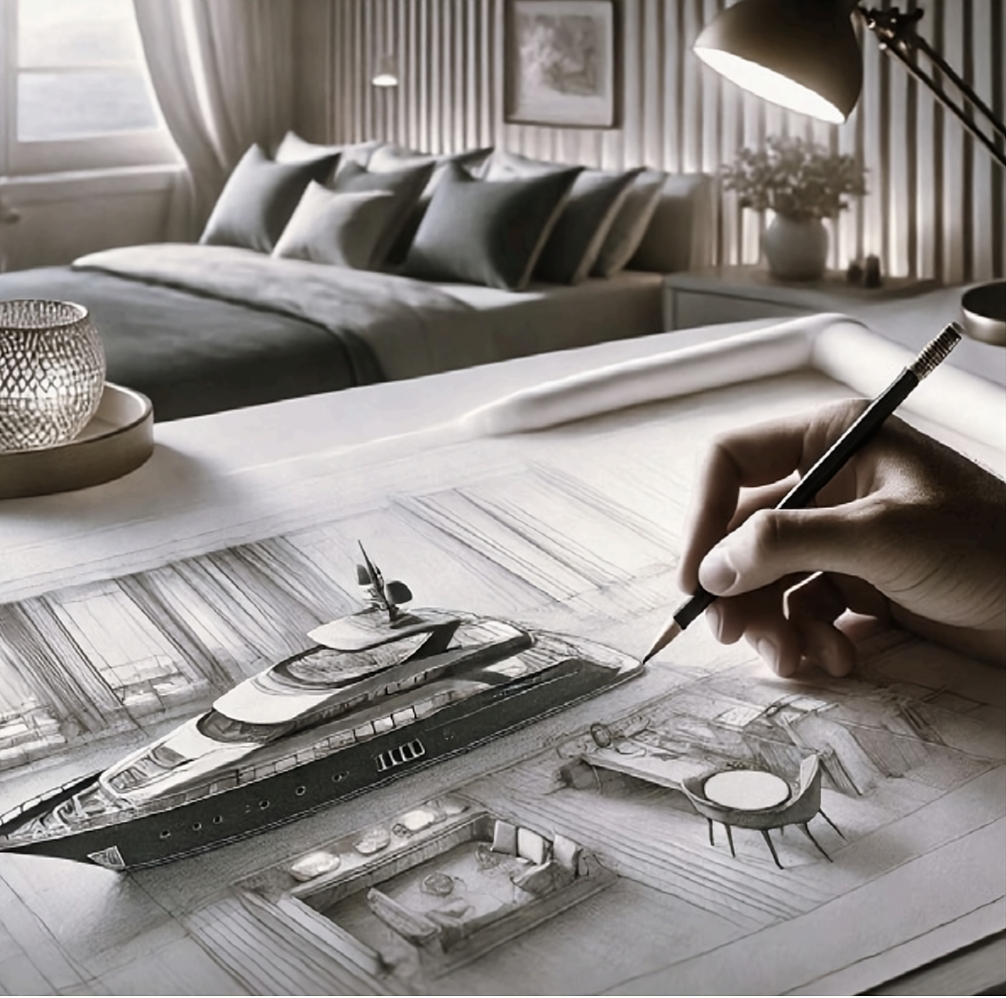 Hand sketching a luxury yacht design at a desk, with a cozy, modern bedroom in the background.