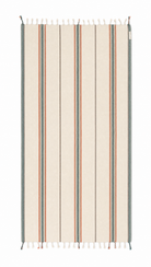 A rectangular woven towel with fringe on the top and bottom edges, featuring vertical stripes in cream, muted green, terracotta orange, and dark gray on a white background.