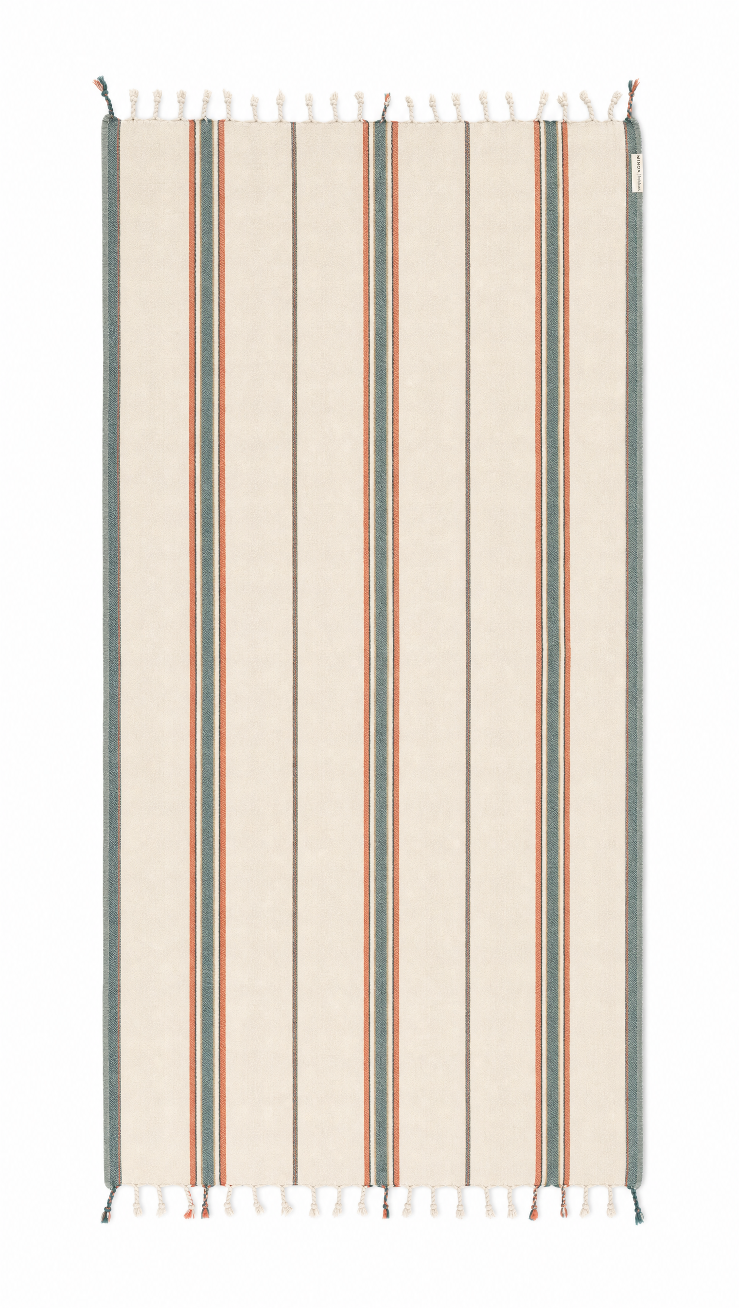 A rectangular woven towel with fringe on the top and bottom edges, featuring vertical stripes in cream, muted green, terracotta orange, and dark gray on a white background.