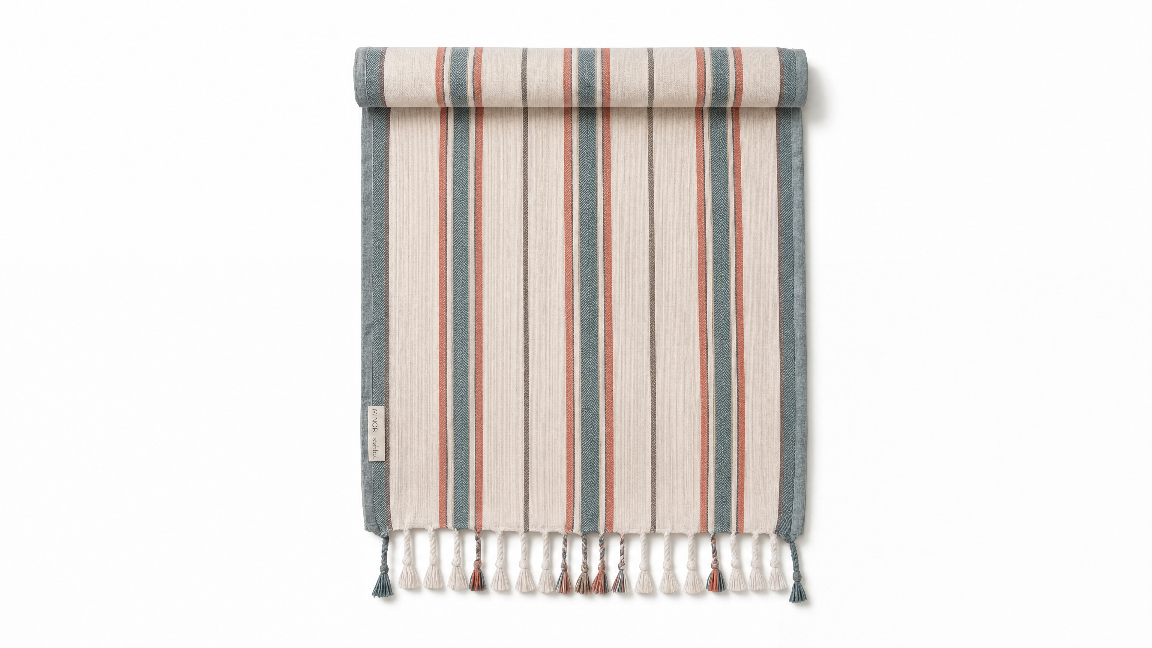 A striped woven towel shown rolled at the top and hanging flat with tassels at the bottom. The design features vertical stripes in beige, slate blue, and terracotta red on a white background.