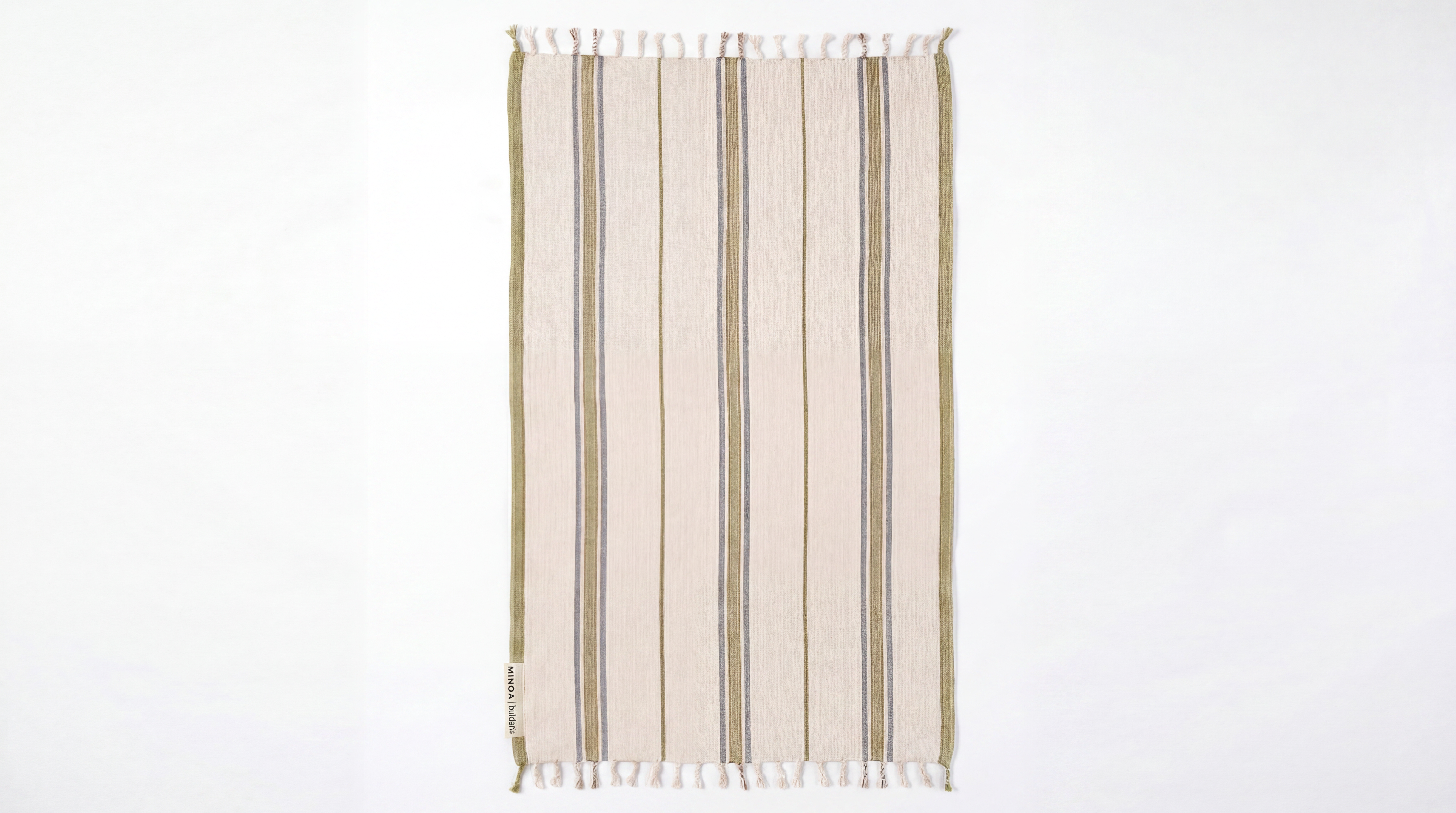 A rectangular woven towel with vertical stripes in beige, brown, and muted olive tones, finished with white fringe on the top and bottom edges, shown flat against a plain white background.
