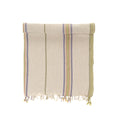 Beige towel with colorful stripes and fringes on a white background