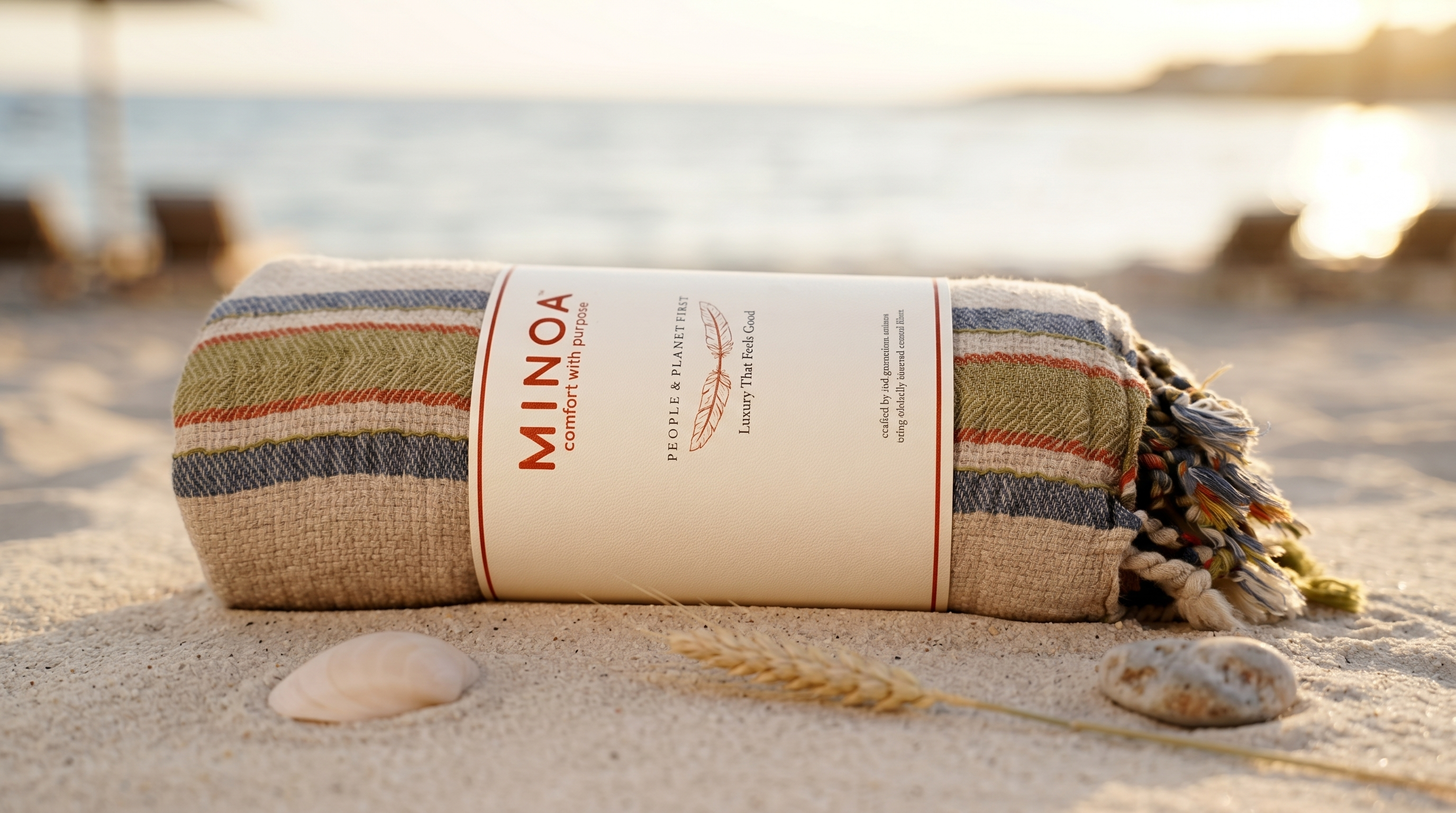 A rolled beach towel with a cream paper label reading MINOA, placed on sandy ground with shells and a blurred ocean background at sunset.