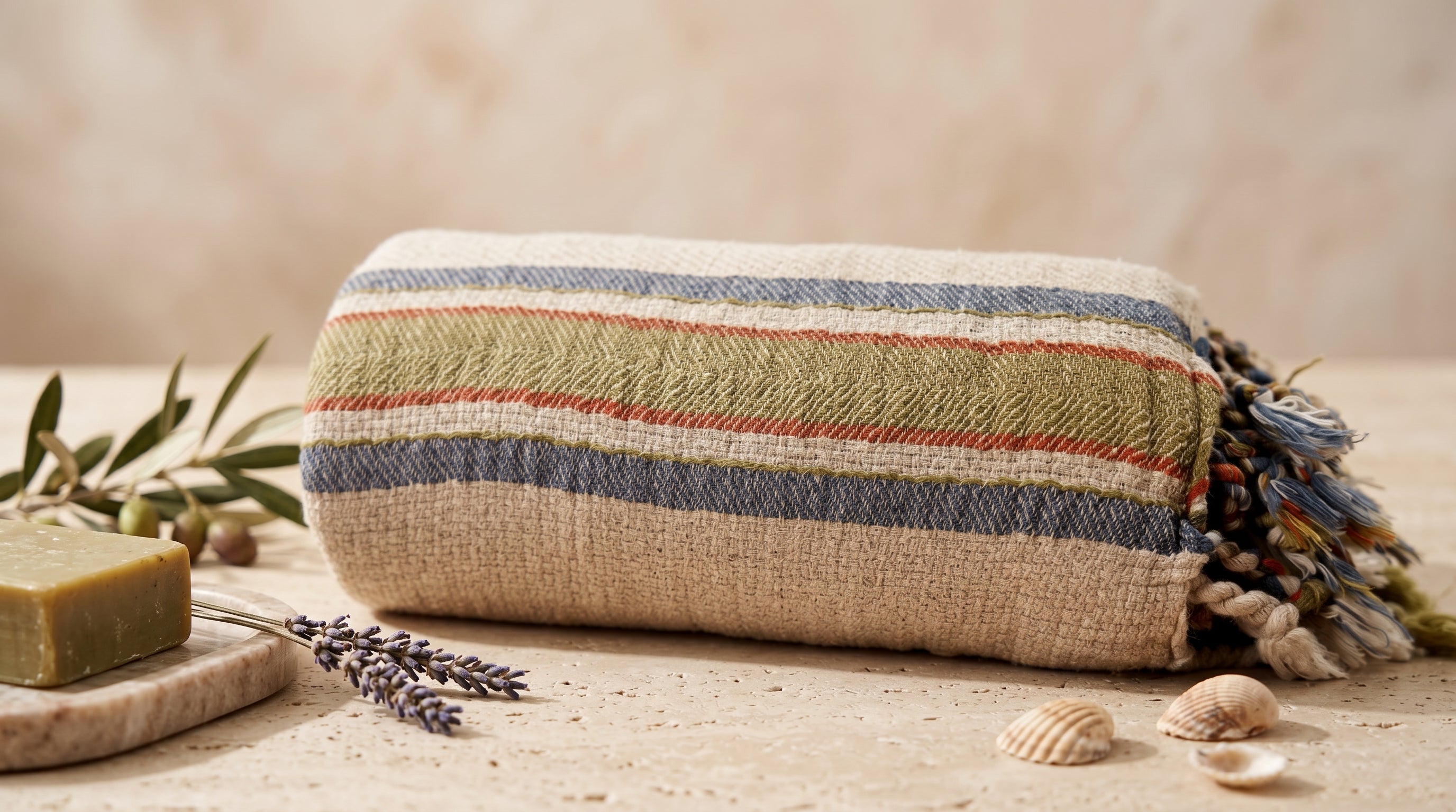 A striped cotton Turkish towel with fringed tassels, styled on a stone surface with a bar of soap, lavender sprigs, and seashells against a neutral beige background.