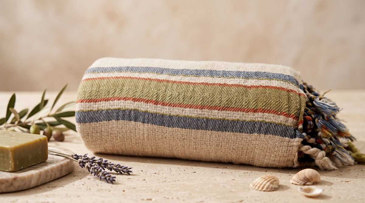 A striped cotton Turkish towel with fringed tassels, styled on a stone surface with a bar of soap, lavender sprigs, and seashells against a neutral beige background.