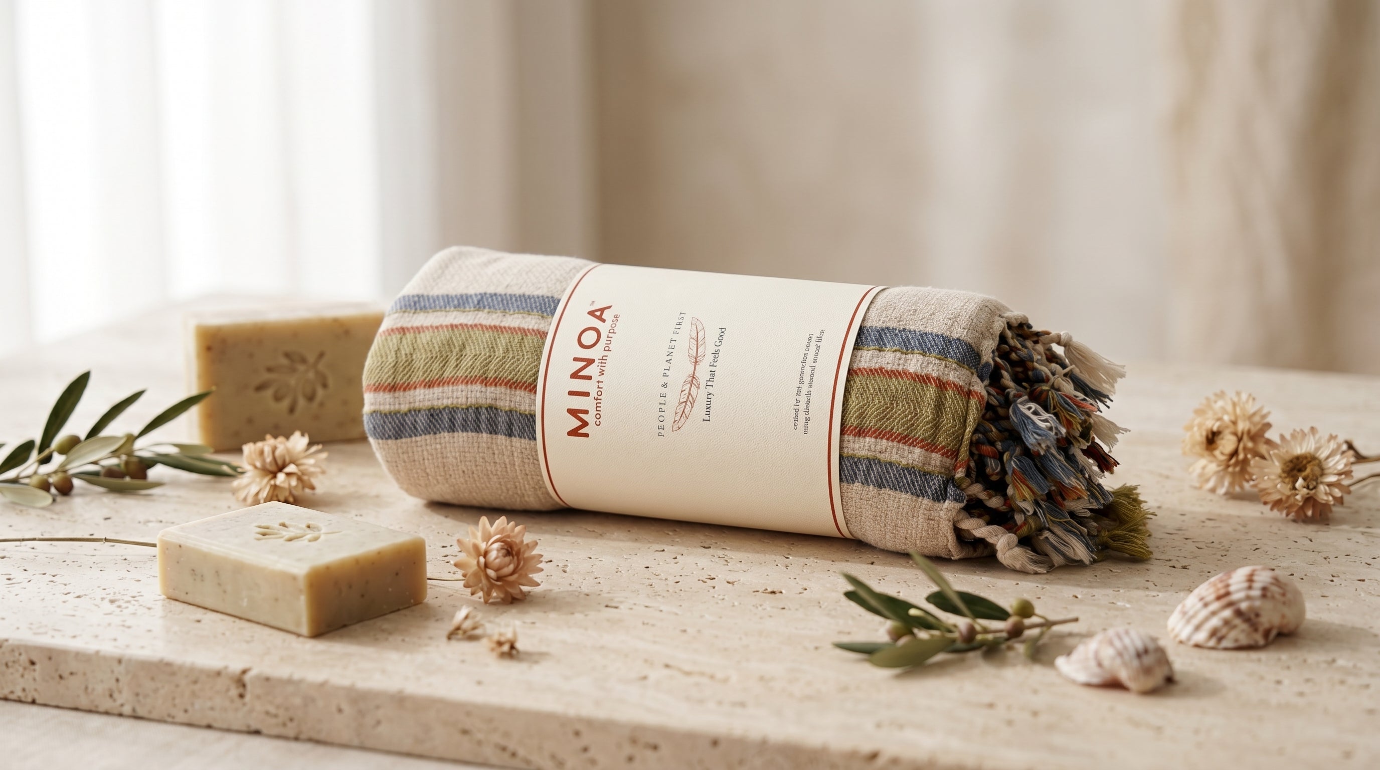 A rolled towel with fringe and a cream paper band reading MINOA, styled on a stone surface with soap bars, dried flowers, and shells in a soft neutral setting.