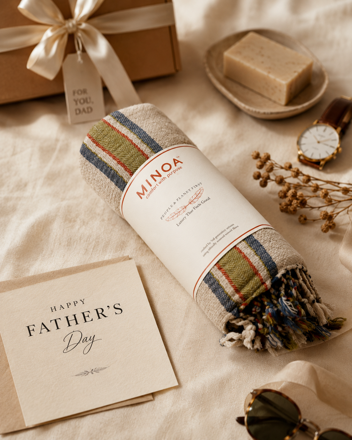 A rolled towel with fringe and a cream paper label reading MINOA, styled on beige fabric with a gift box, soap, watch, dried flowers, sunglasses, and a Father's Day card.