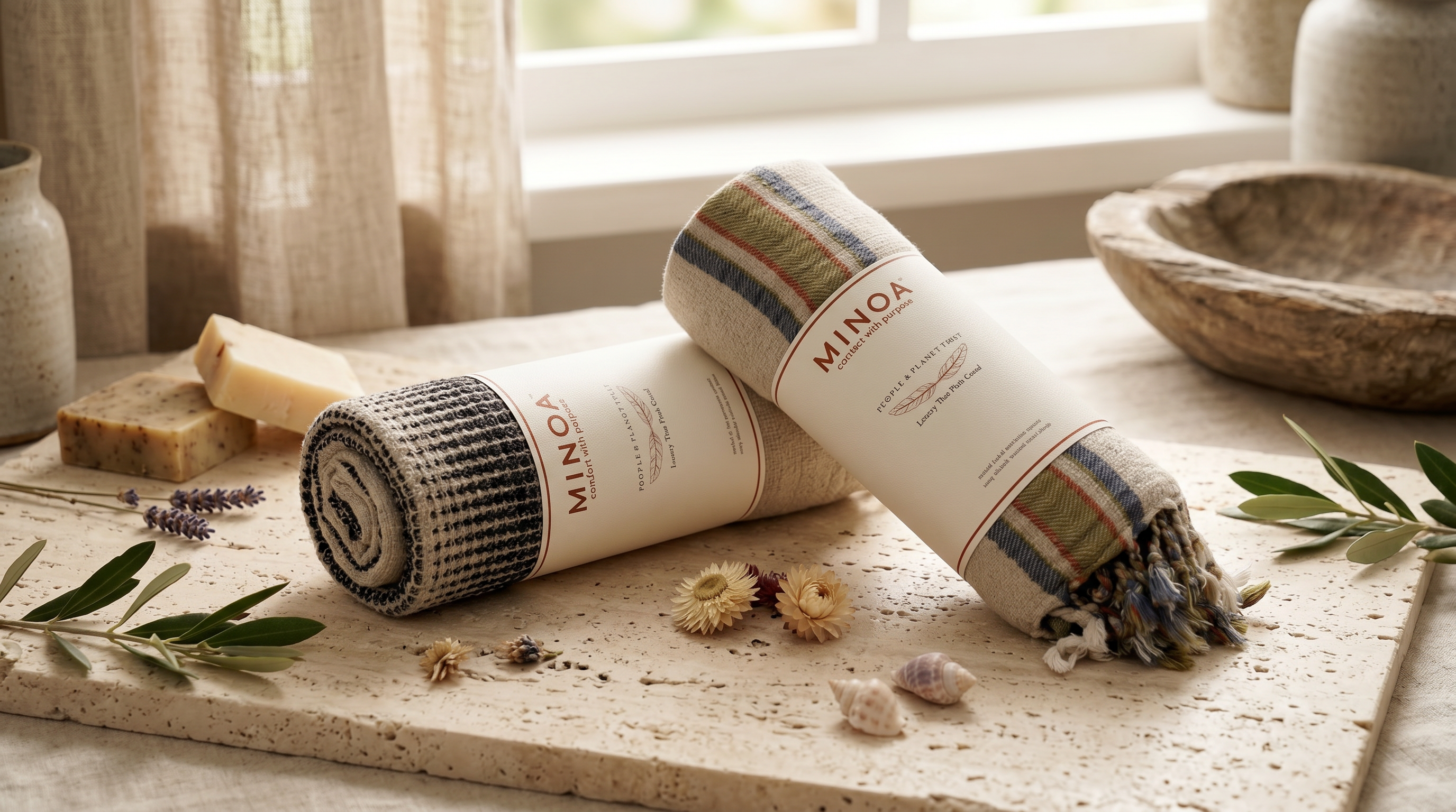Two rolled MINOA towels with striped cream, green, and blue patterns are displayed on a rustic stone surface with dried flowers, lavender, and soap bars in a warm, natural setting.