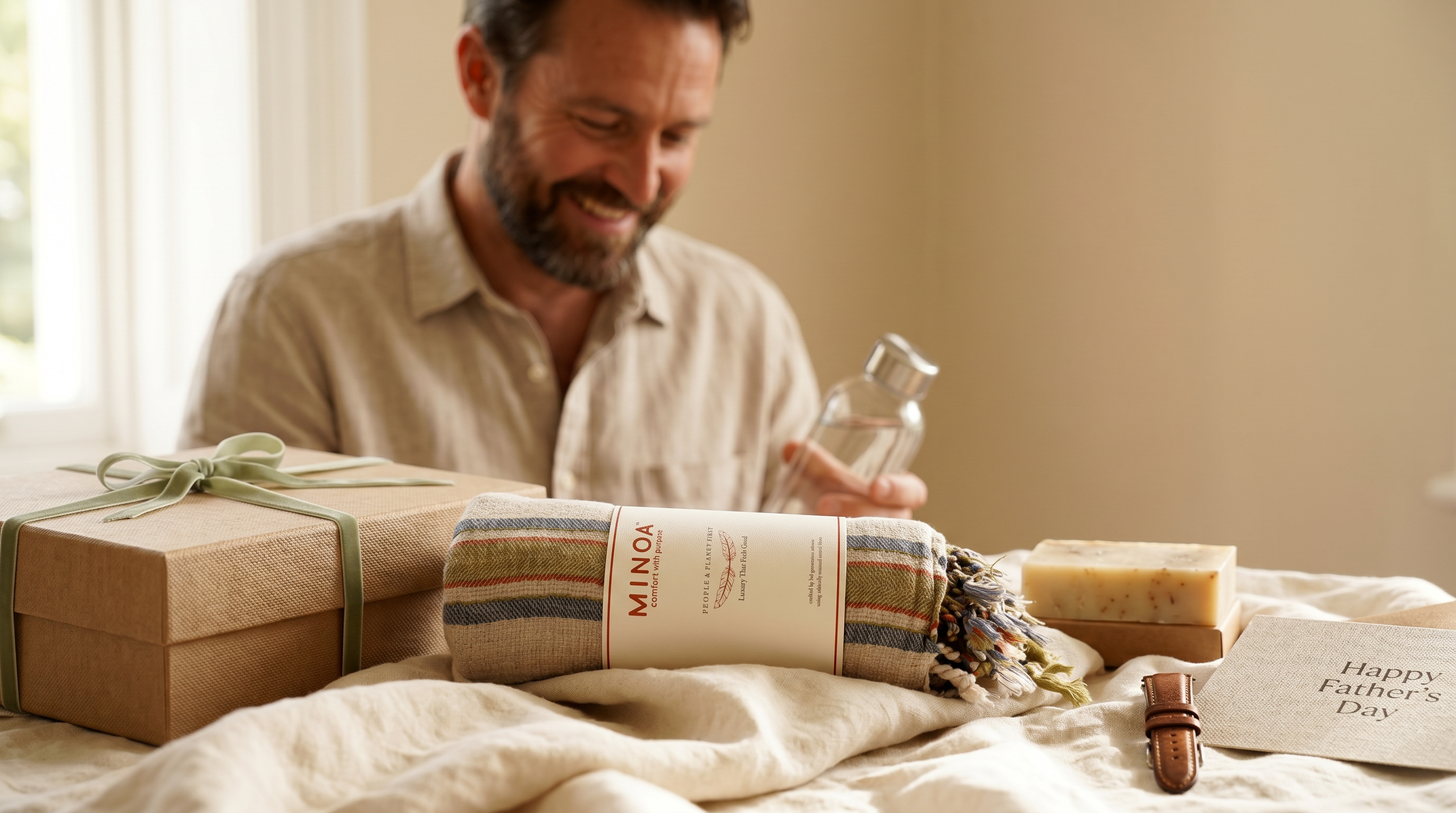 A man in a beige shirt is shown in a warm, softly lit room holding a clear glass bottle. In the foreground on a bed, a wrapped Mingo gift box, a striped towel, a bar of soap, and a small card reading 'Happy Father's Day' are arranged.