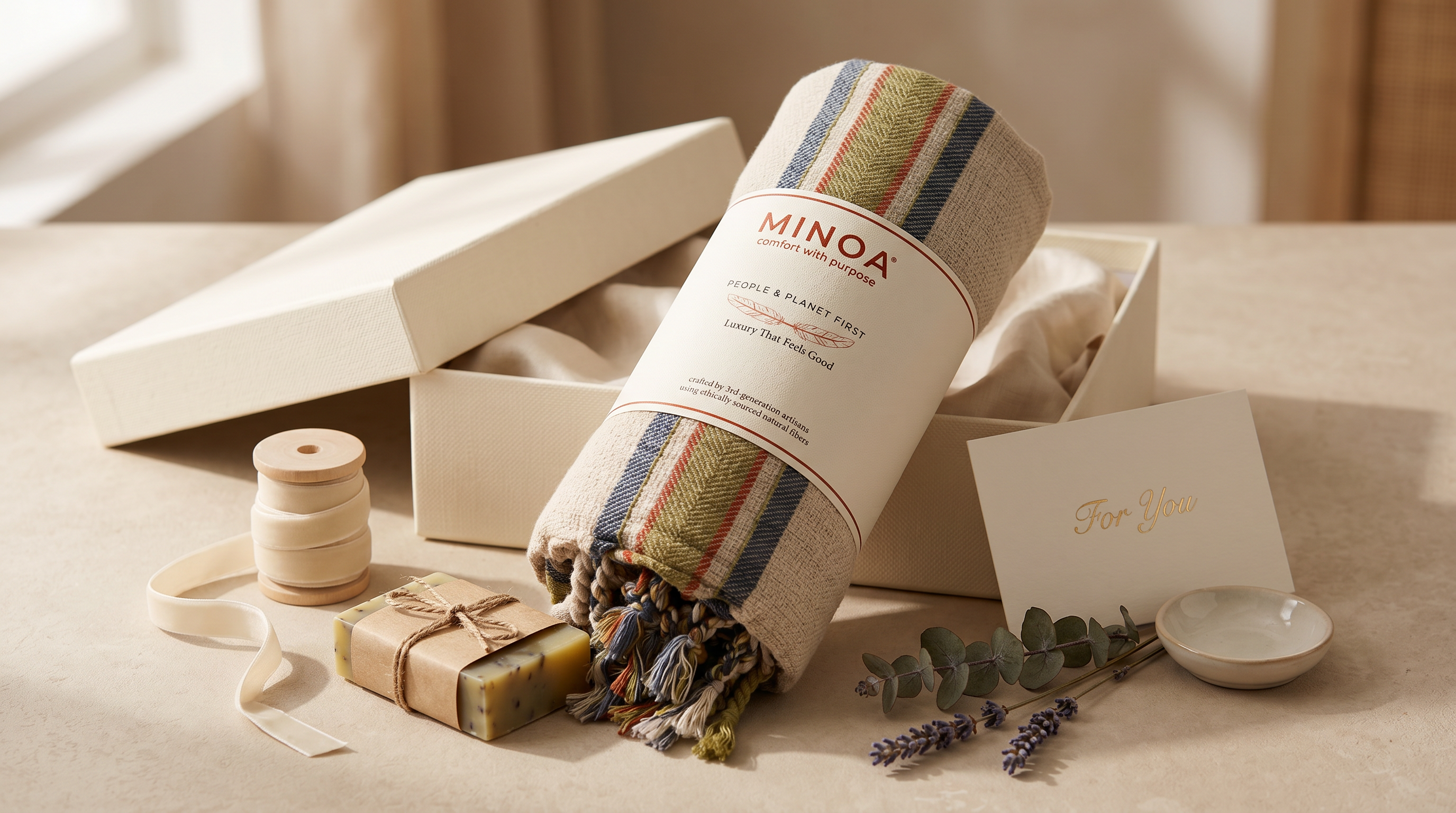 A Minoa woven towel with a striped pattern in beige, green, blue, and orange, presented in an open gift box with a 'For You' card, ribbon, soap, and eucalyptus sprigs on a neutral beige surface.