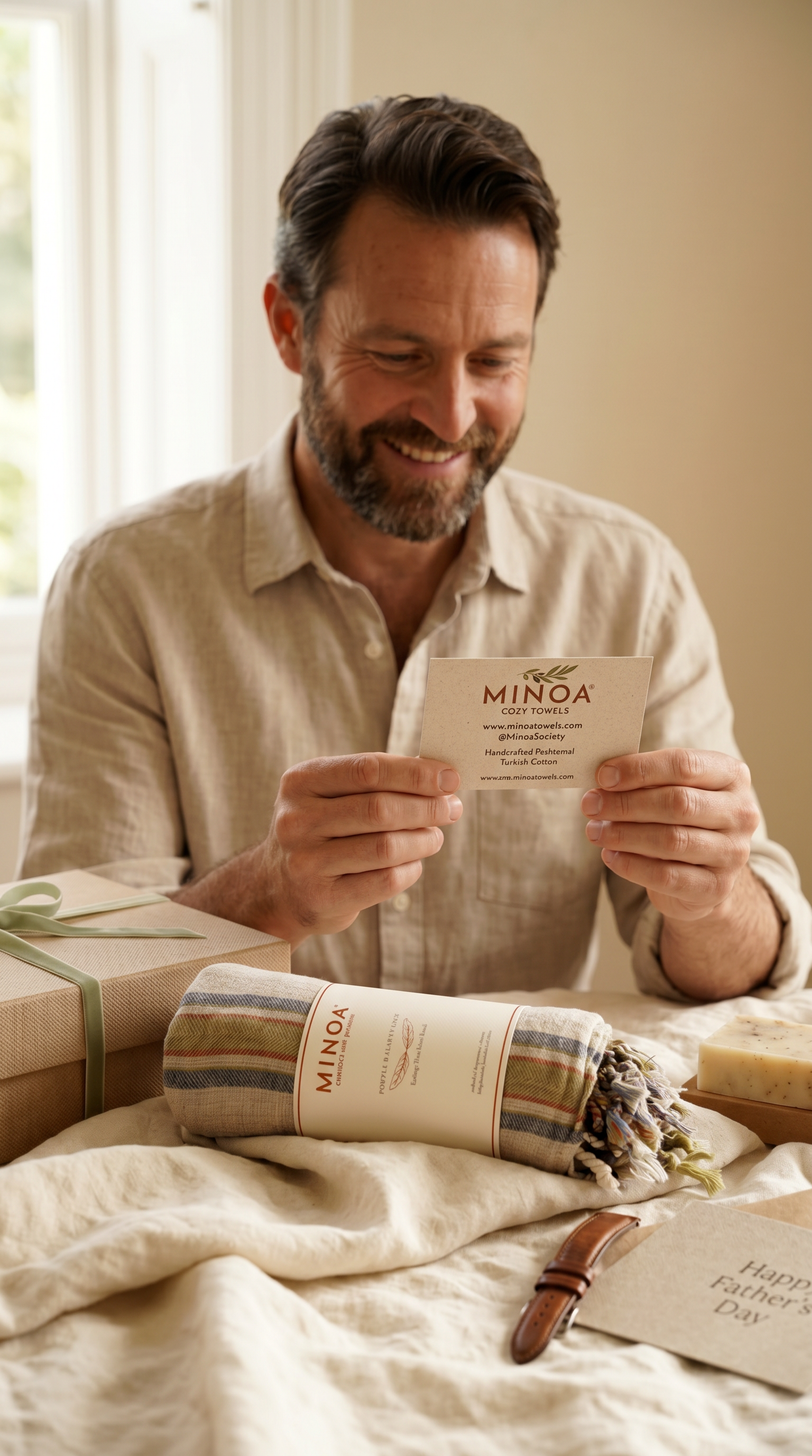 A man in a beige linen shirt smiles while holding a Minoa gift card, with a wrapped Minoa gift box and a towel on a bed in a softly lit room.