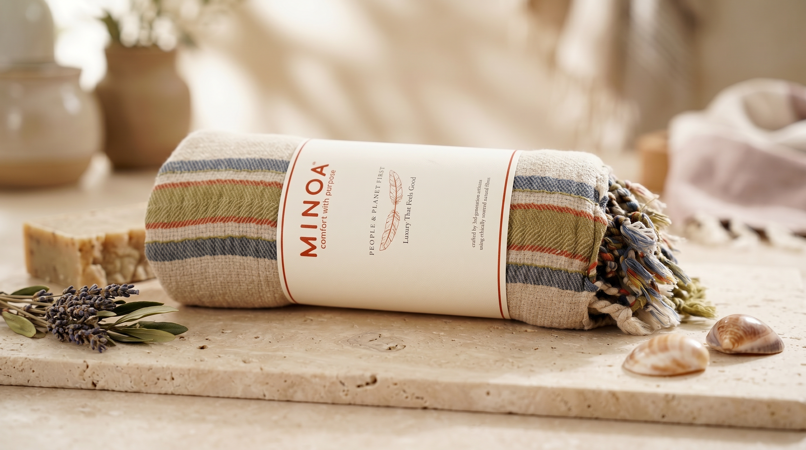 A rolled linen towel with a cream paper band labeled MINOA, placed on a stone surface with dried lavender, shells, and soft neutral props in the background.