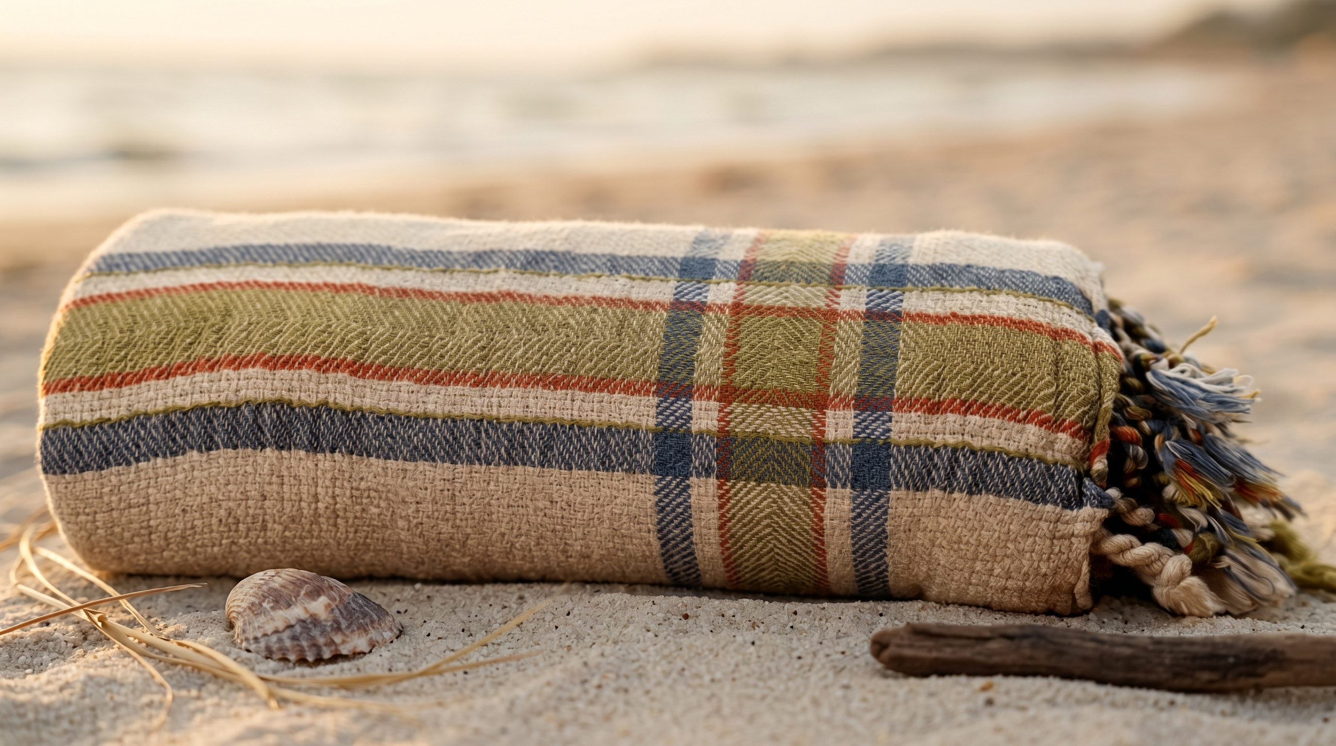 A rolled woven beach towel with a plaid pattern in beige, olive green, navy blue, and rust red, resting on a sandy beach next to a small seashell and driftwood.