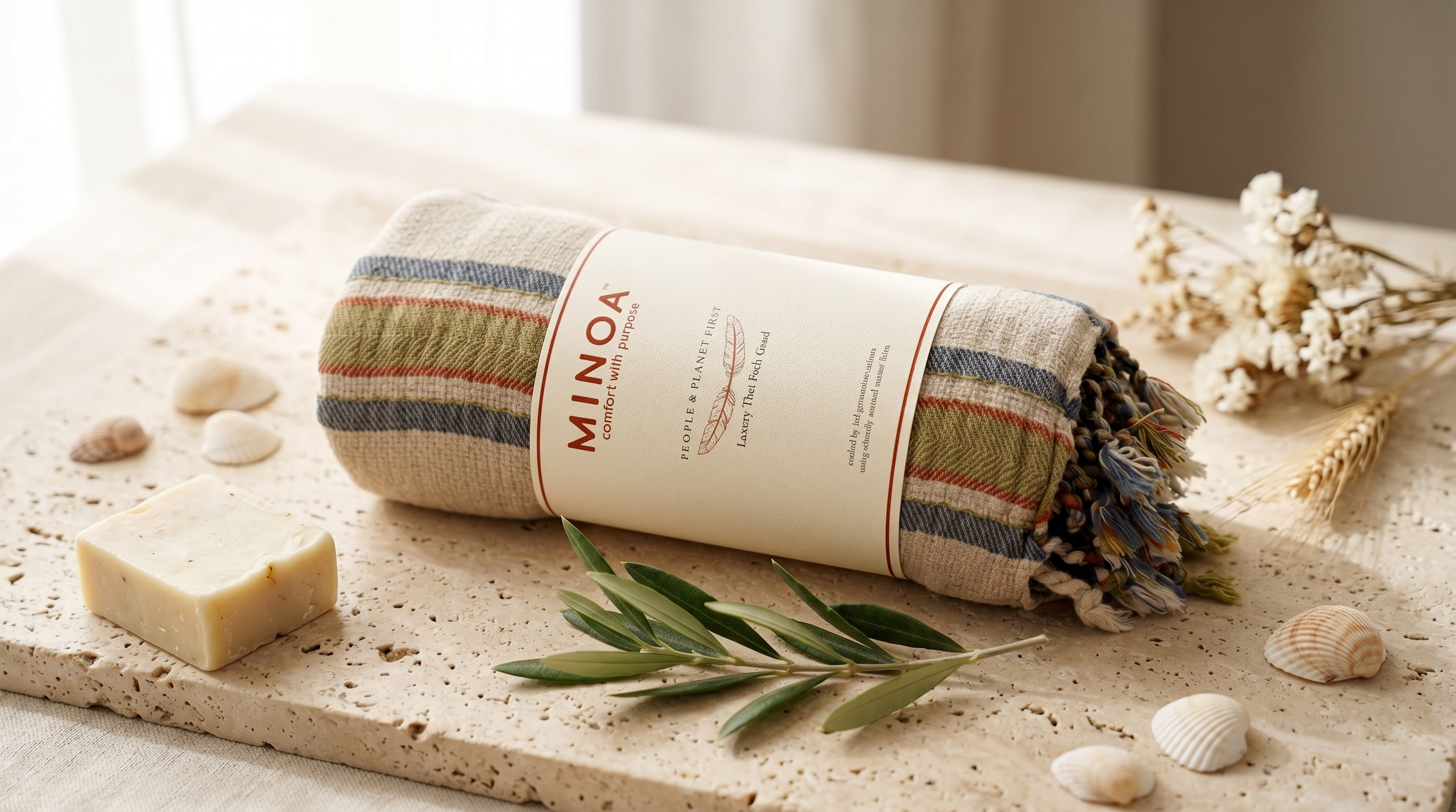 A rolled cotton towel with a cream paper band label reading MINOA, styled on a stone surface with soap, shells, dried flowers, and greenery.