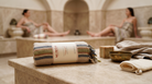 A striped spa towel wrapped in a paper band labeled MINOA, displayed on a stone table in a warm, blurred spa interior with two women relaxing in the background.