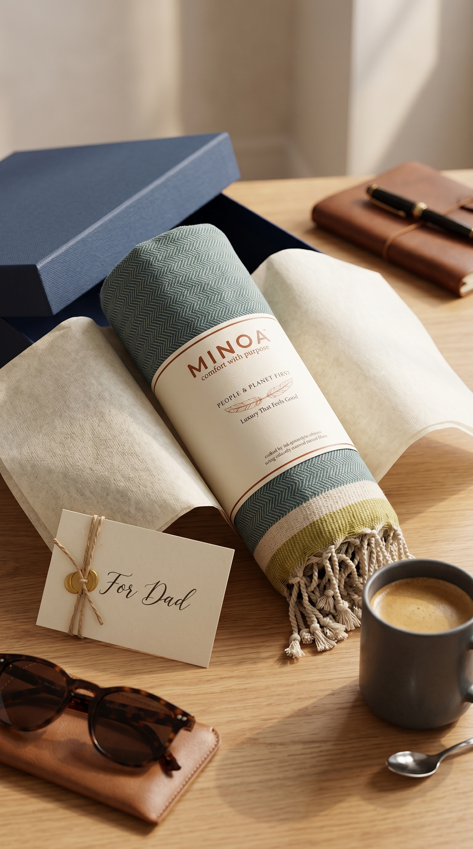 A rolled towel with fringe, branded MINOA, displayed on a wooden table with a blue gift box, cream fabric, sunglasses, a coffee mug, and a card reading 'For Dad'.