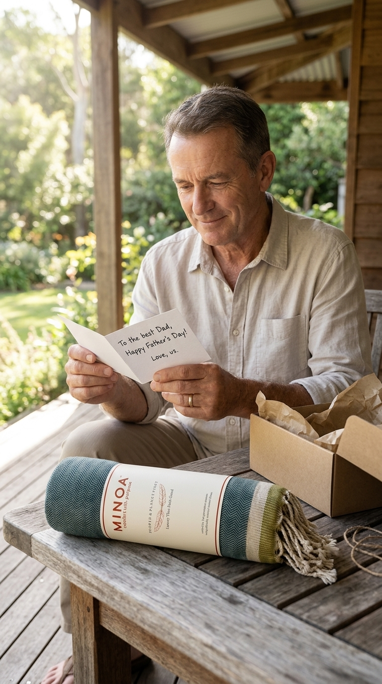 A man sitting on a wooden porch bench reading a handwritten note, with a rolled green and cream towel labeled MINOA and a brown gift box on the table in front of him.