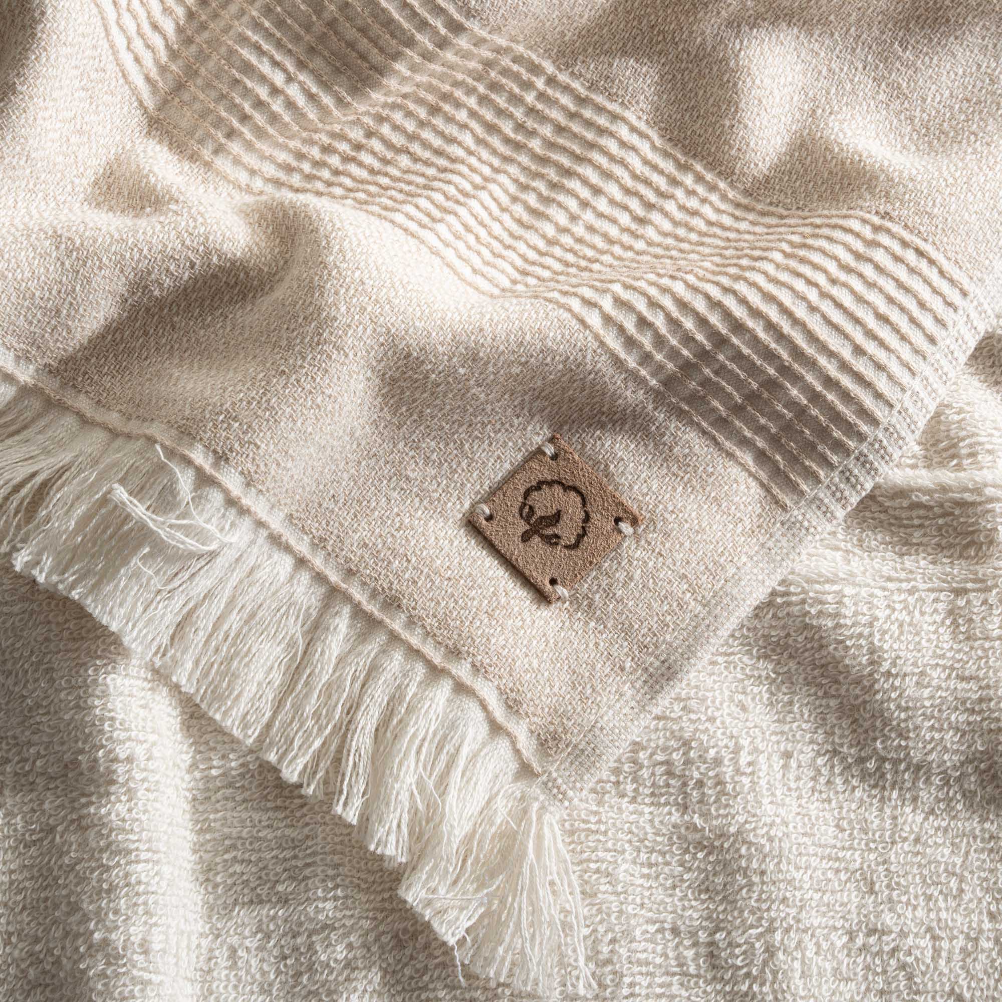 Close-up of Minoa Hasna Organic Aegean Cotton and Linen Bath Set in Sandy Whisper, showcasing its luxurious blend of organic cotton and linen for a sustainable, premium feel.