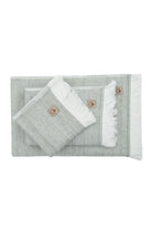 Top view of the three-piece Hasna Organic Aegean Cotton and Linen Bath Set in Pine Breeze, displaying the layout, texture, and natural tones of each towel