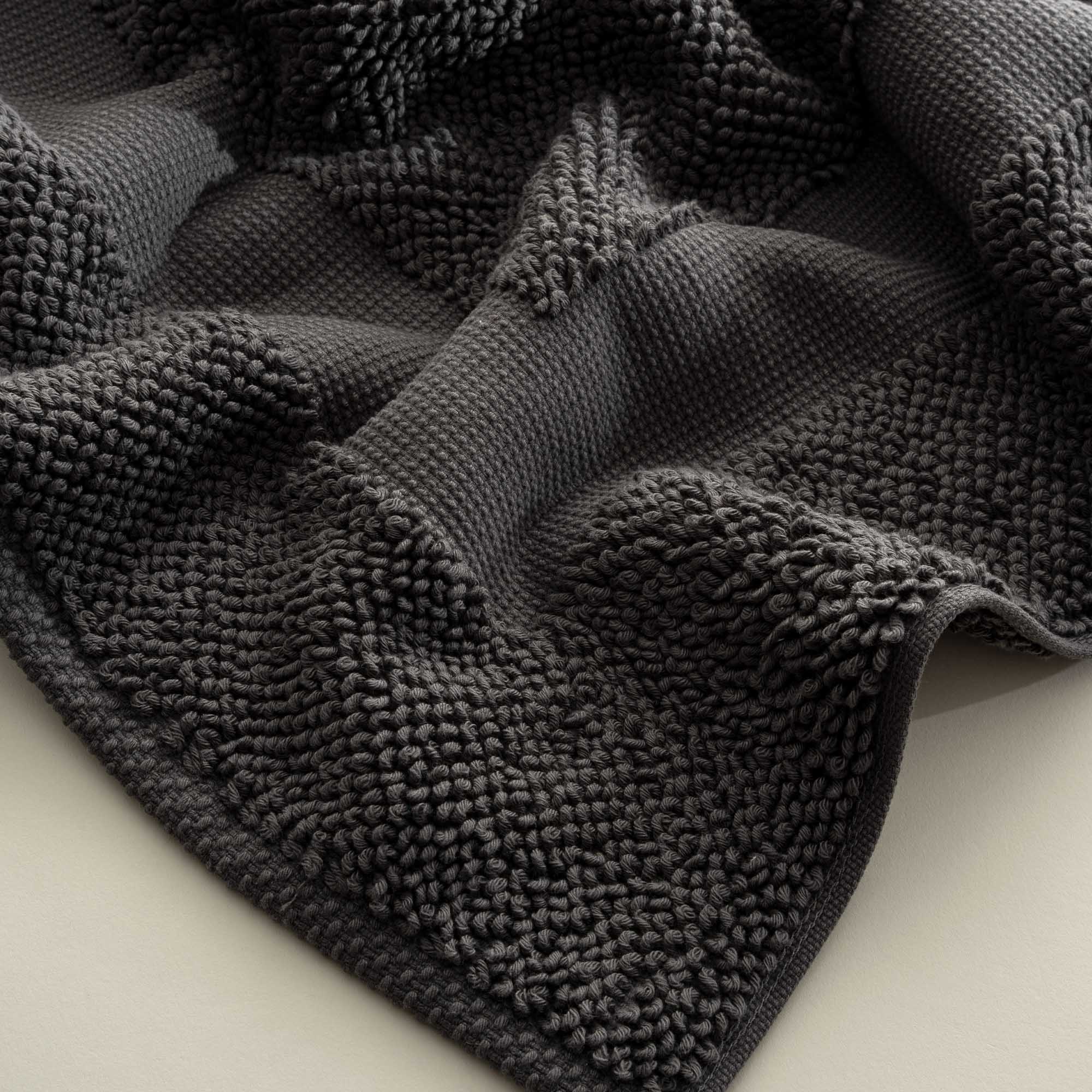 Close-up of the Kaia Aegean Cotton Bath Mat in Charcoal Charm, showcasing its rich colour, plush texture, and refined craftsmanship