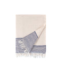 Beige towel with blue border and white fringe on a white background