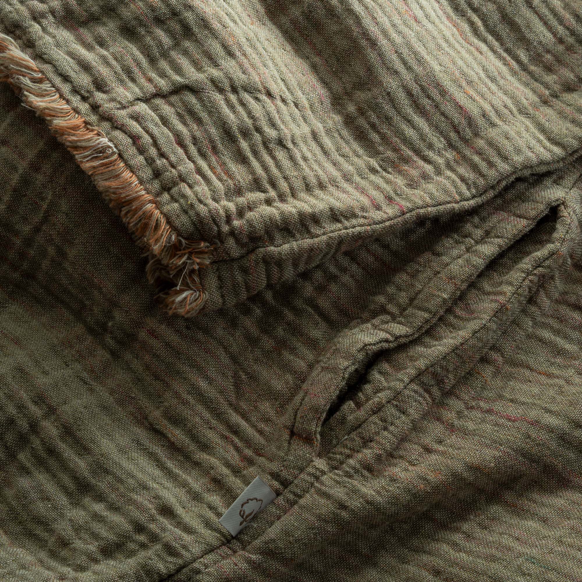 Close-up of Men's Muna Organic Aegean Cotton Gauze Two Sided Robe showing soft, textured, gauze fabric and high-quality stitching