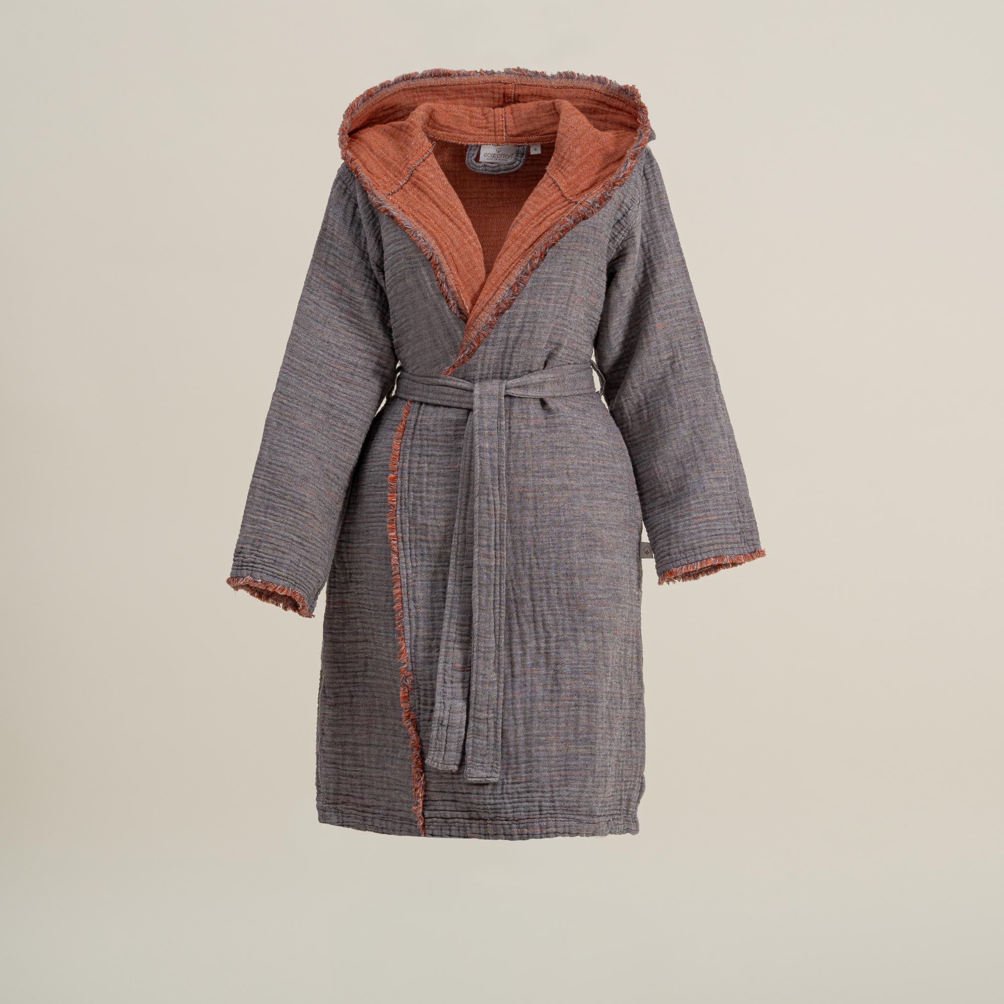 Front view of the Women's Muna Organic Aegean Cotton Gauze Two-Sided Robe in Terra n Slate colour, showcasing its elegant design and luxurious organic cotton fabric