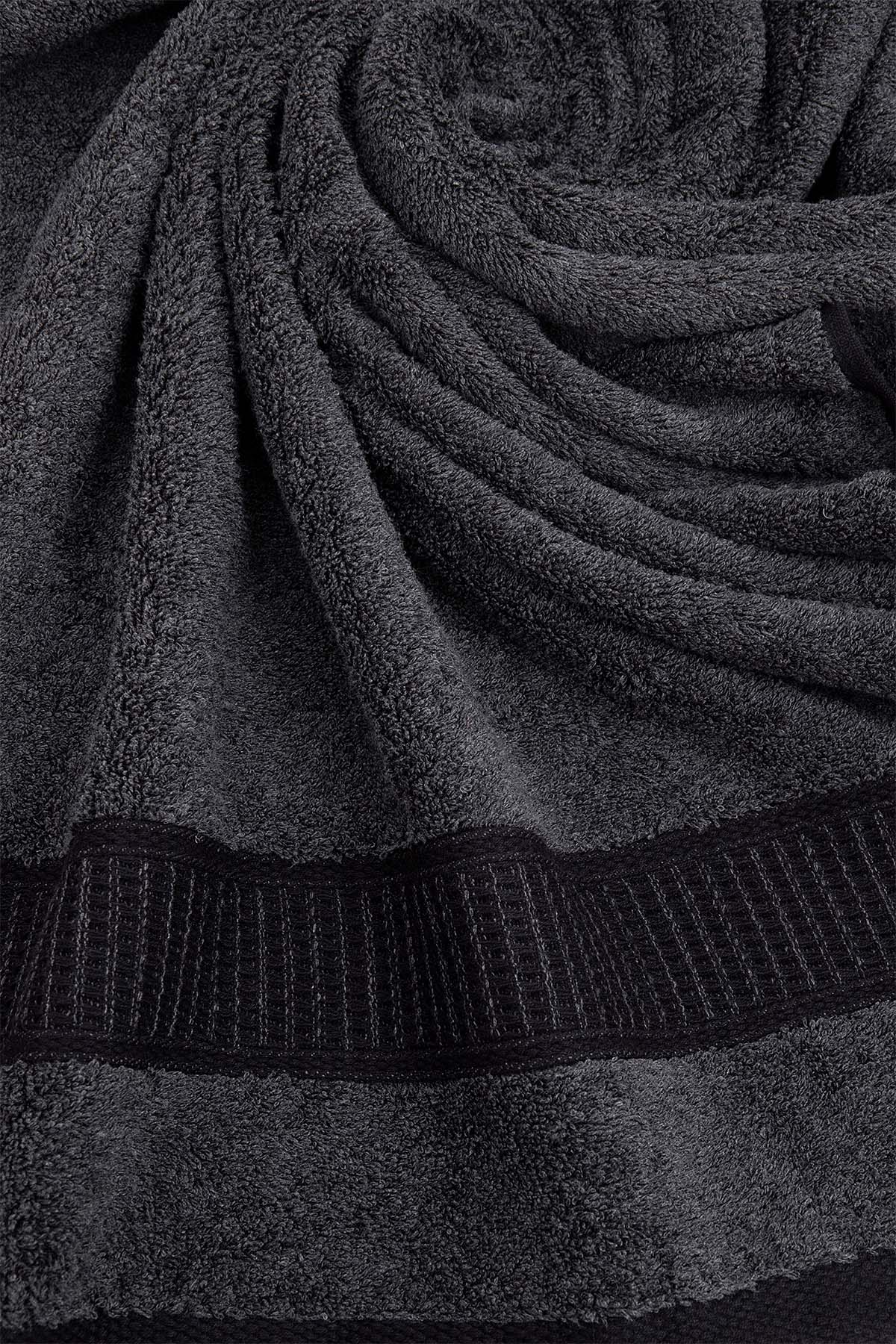 Close-up of a dark gray towel with textured border