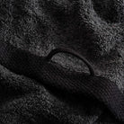 Close-up of a textured black towel with a handle
