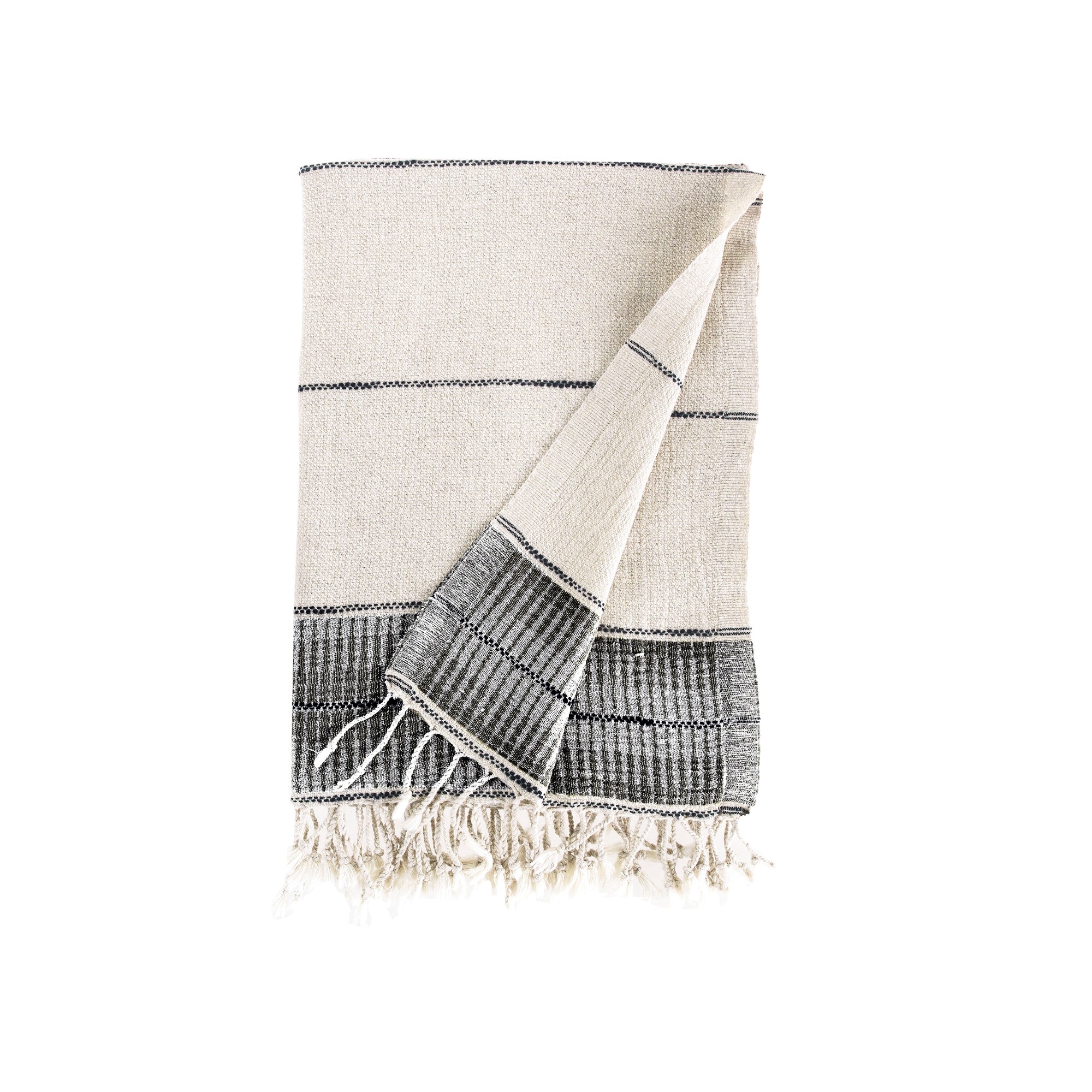 White towel with black stripes and fringes on a white background